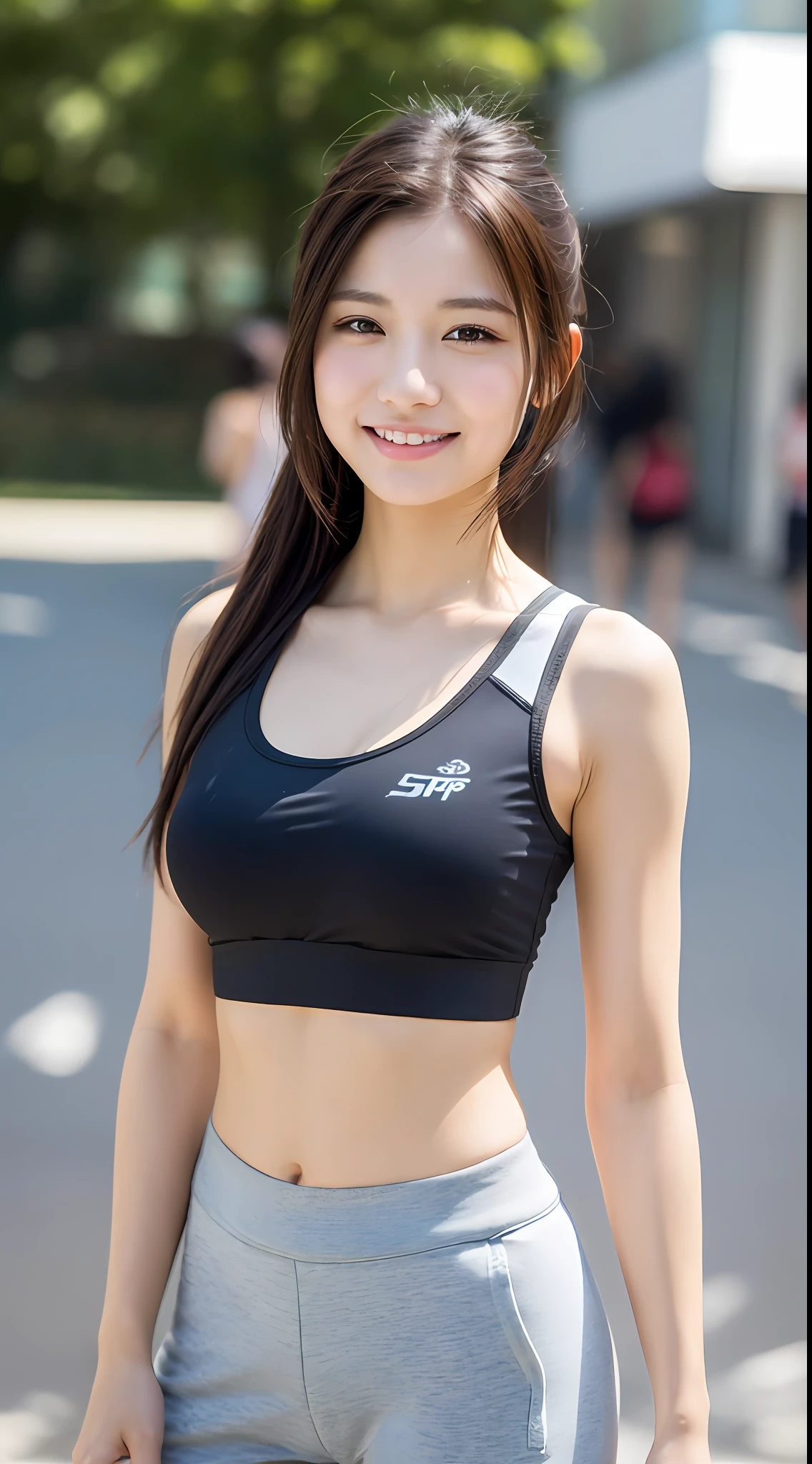 （（top-quality，8k，tmasterpiece：1.3）），Sharp focus：1.2，Beauty with perfect body shape：1.4，Slender abs：1.2，（Layered Hair Style，The large：1.8），（Sports bra：2.0），（jogging：1.8），（the street：1.2），Highly Detailed Face and Skin Textur，Detailed eyes，二重まぶた，ssmile，bokeh，student clothes，