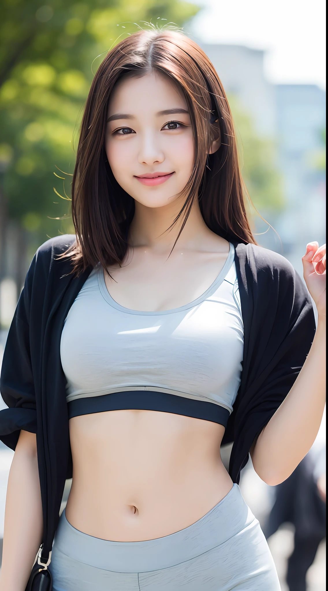 ((top-quality,8k,tmasterpiece:1.3)),Sharp focus:1.2,Beauty with perfect body shape:1.4,Slender abs:1.2,(Layered Hair Style,The large:1.8),(Sports bra:2.0),(jogging:1.8),(the street:1.2),Highly Detailed Face and Skin Textur,Detailed eyes,二重まぶた,ssmile,bokeh,student clothes,