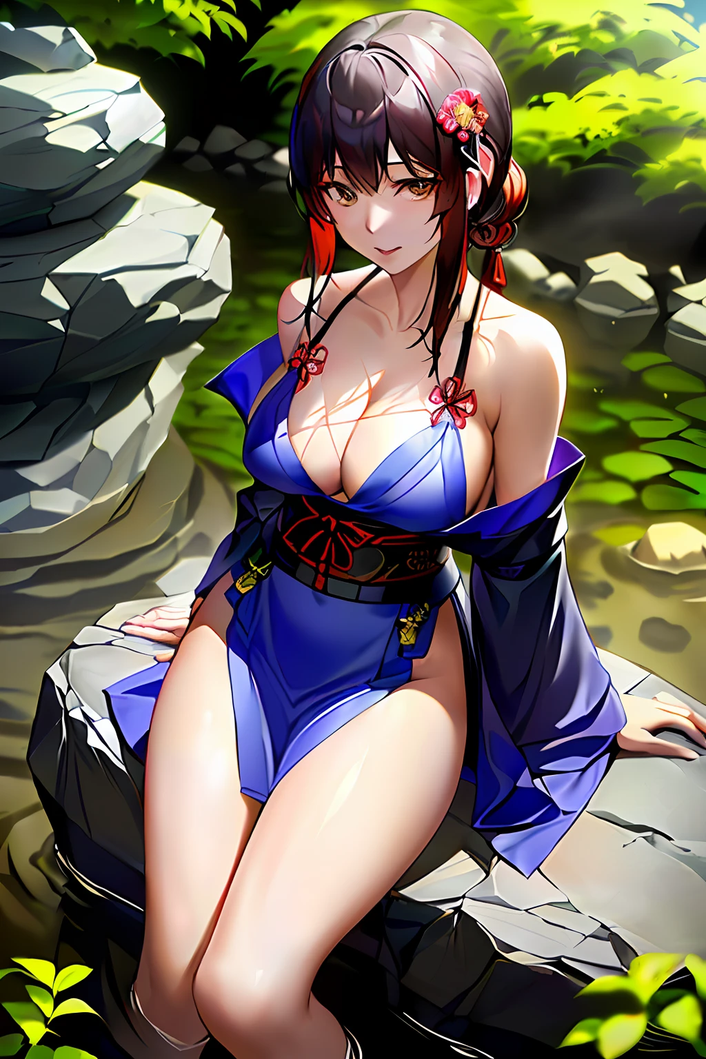 Alafeld Asian woman in floral dress sitting on a rock, Yoshitomo Nara, Sexy :8, sakimichan, Middle metaverse, Chiba Yuda, Japanese goddess, deayami kojima, Japanese model, chengyou liu, sie boob, cleavage