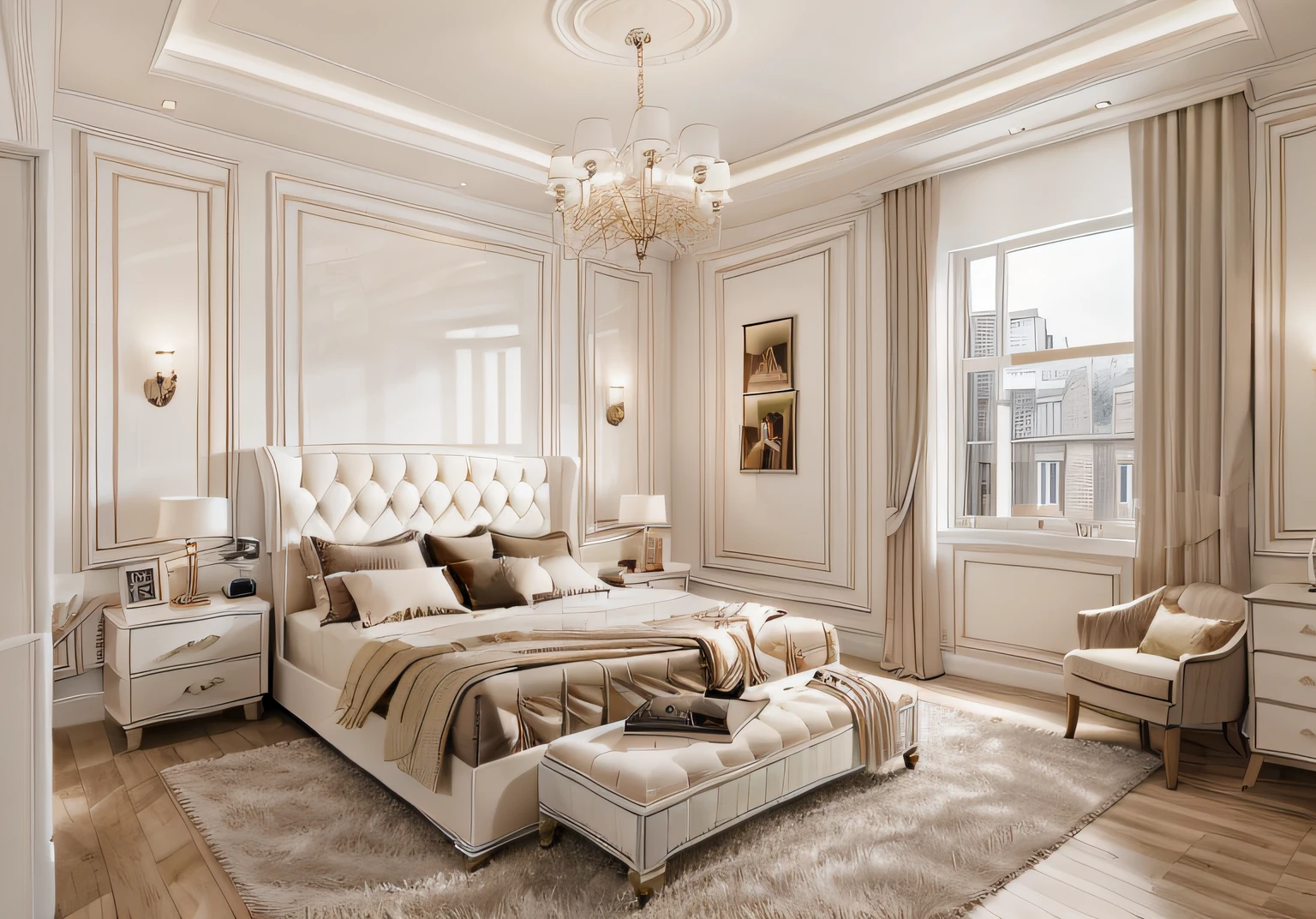 ((indoor neo classical bedroom scene.)), morden bedroom (about bedroom:1.3), (realistic), (masterpiece), super-detailed, ultra-realistic, (full detail), (high quality), (8k), (4k), 1 window from the wall to the ceiling, day light, (whiten tone:1.5), wall art.