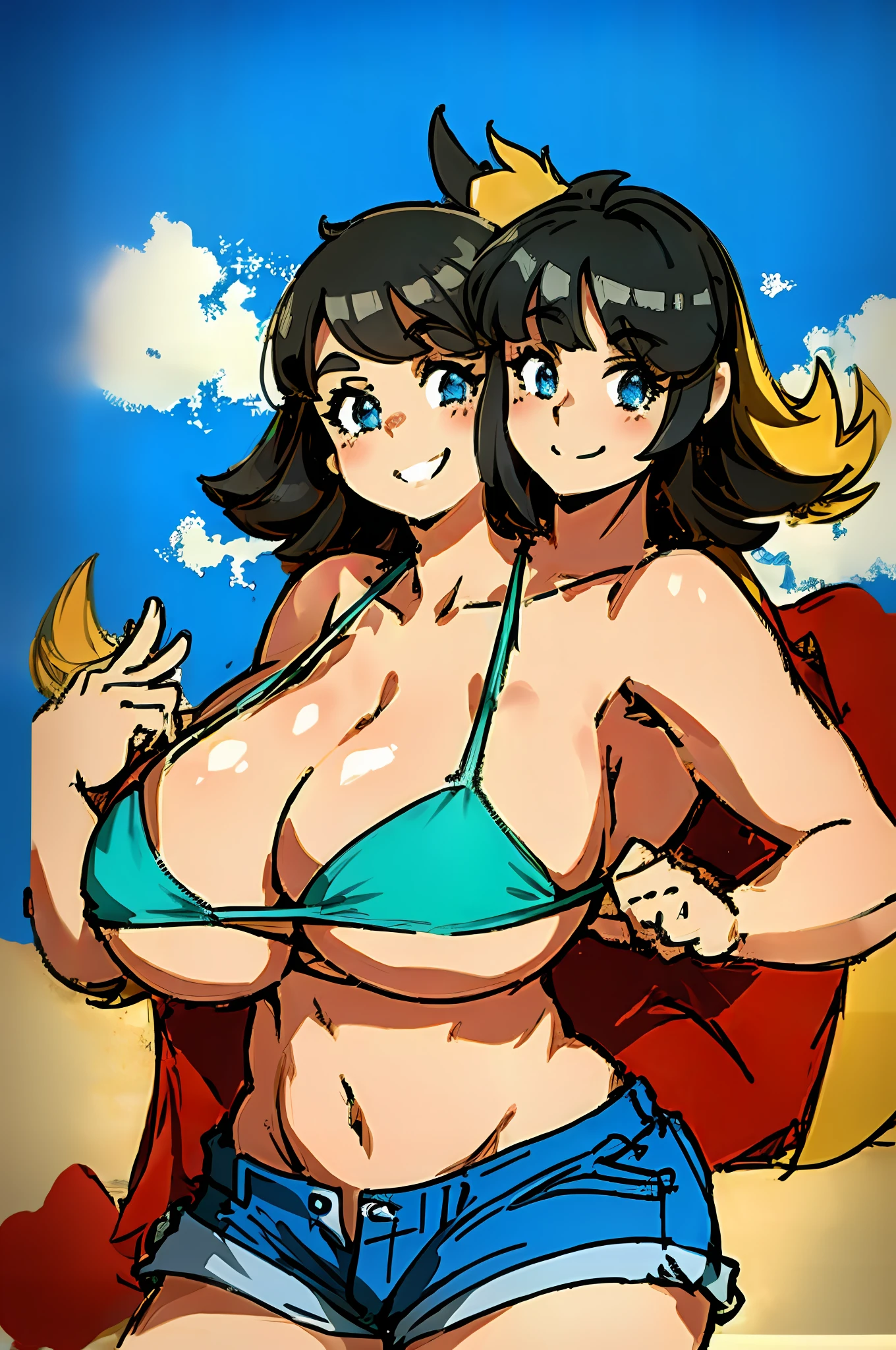 2heads, a chubby woman. With 2 heads. She has gigantic breasts. She is in a beach. She is smiling wide. Her breasts and massive. She is wearing a small brightly-colored bikini top and jean shorts. Huge breasts.