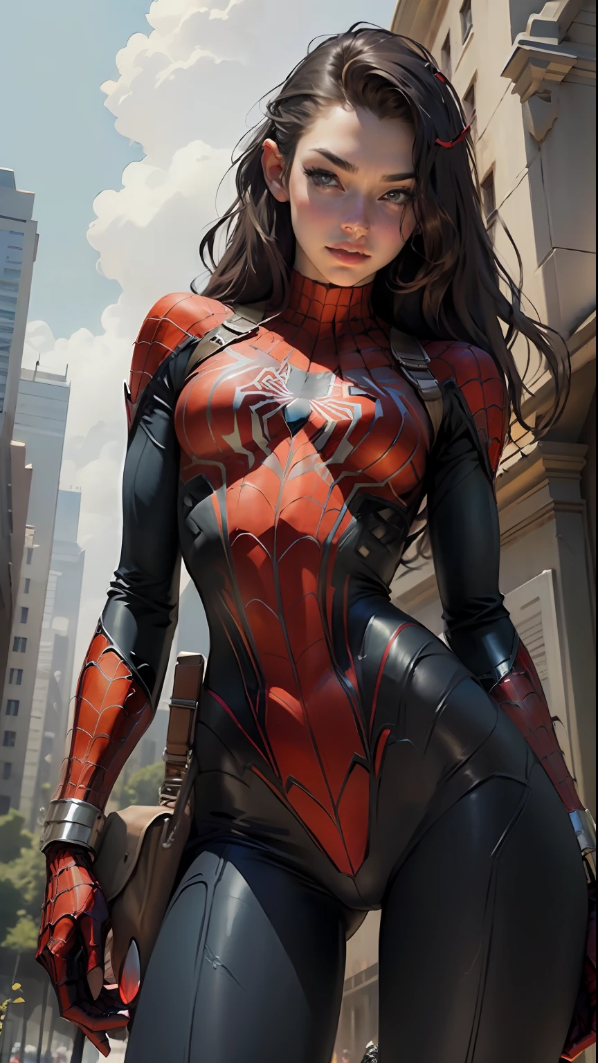 Beautiful woman detailed defined body using spider man cosplay, small breasts