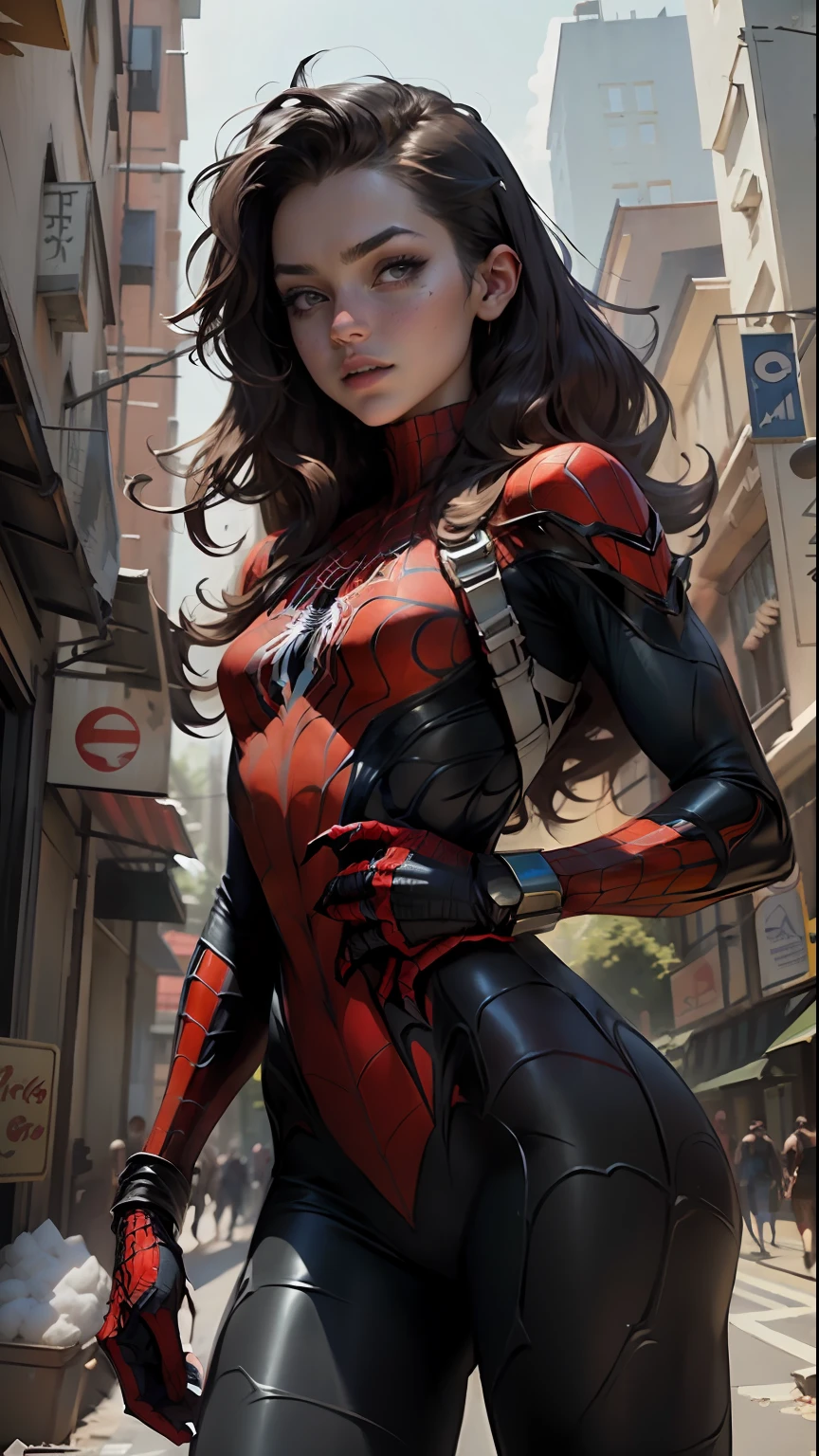 Beautiful woman detailed defined body using spider man cosplay, small breasts