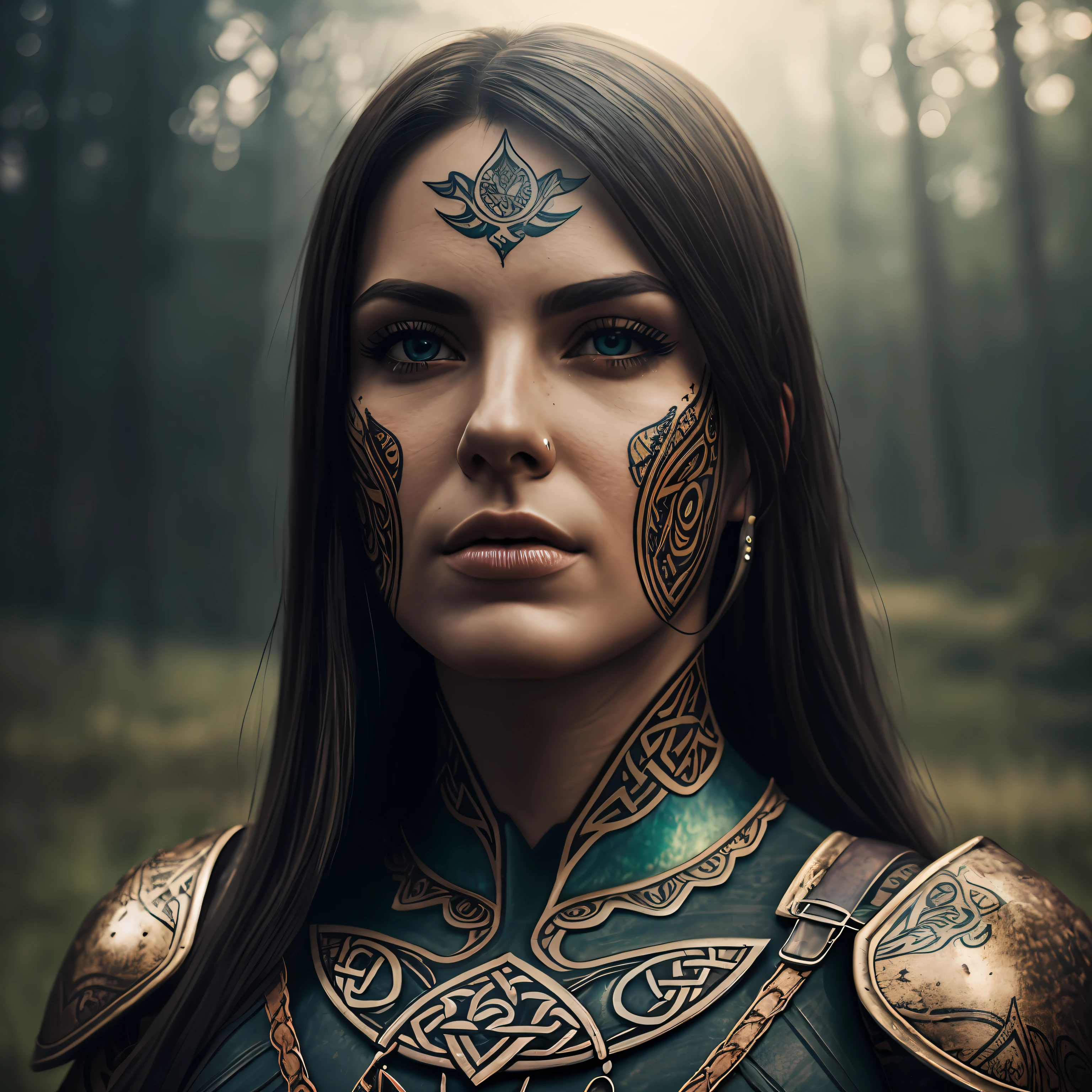 A woman close up, celtic armor, tattoos on her face, dramatic lighting, perspective, nature landscape background, depth of field, photorealistic, realistic
