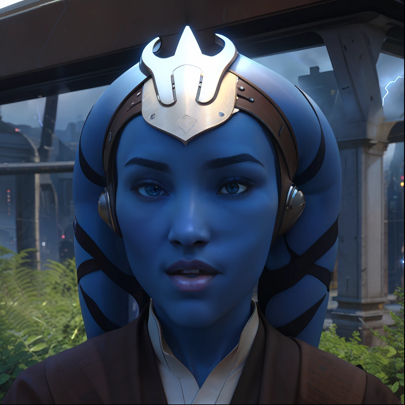 make realistic, 3d, female face, lekku, twi'lek, blue skin, Dark Jedi Robes, ambient lightning