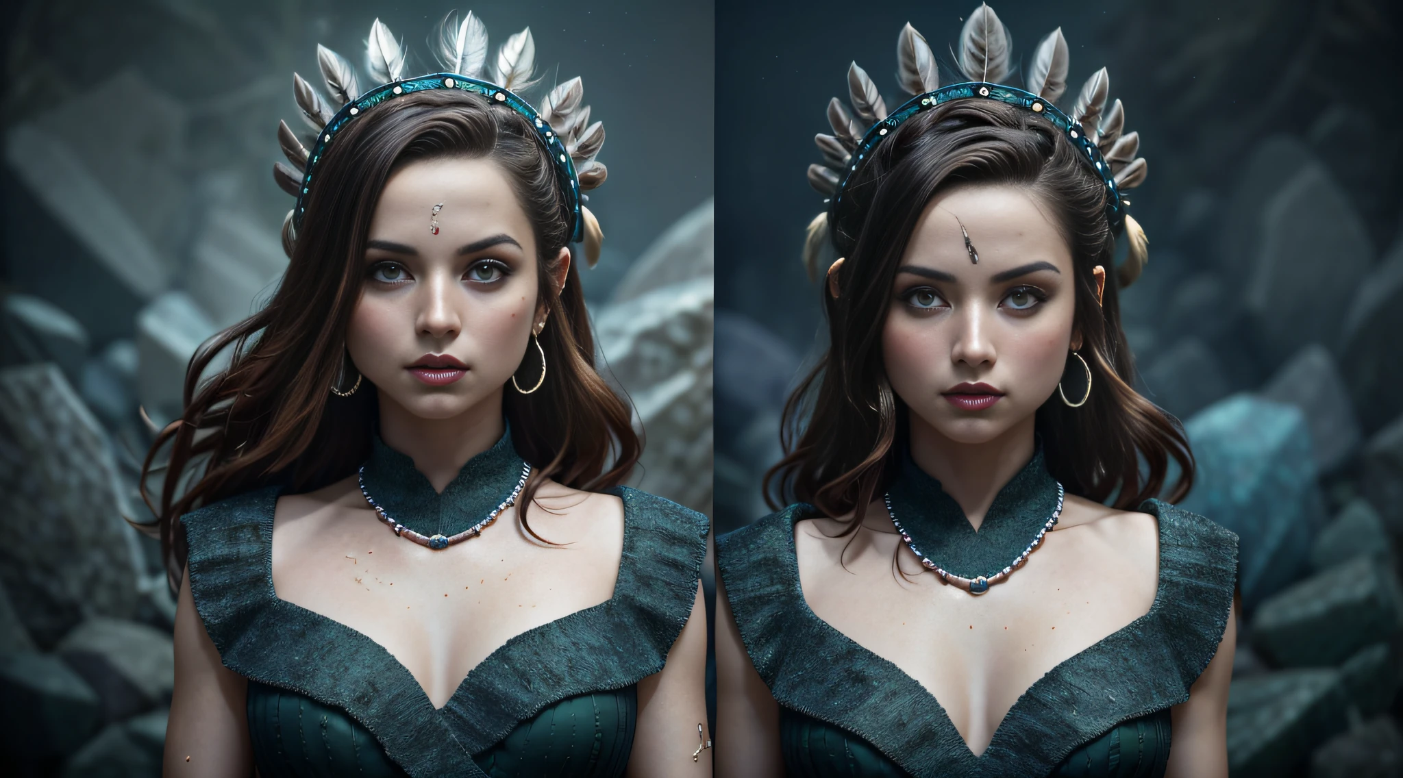 (full portrait), (half shot), solo, detailed background, detailed face, (stonepunkAI, stone theme:1.1), wise, (female), (native american), (beautiful hair, braids:0.2), shaman, septum piercing, mystical, (gorgeous face), stunning, head tilted upwards, (serene expression), calm, Seafoam Green frayed clothes, prayer beads, tribal jewelry, feathers in hair, headdress:0.33, jade, obsidian, detailed clothing, cleavage, realistic skin texture, (floating particles, water swirling, embers, ritual, whirlwind, wind:1.2), sharp focus, volumetric lighting, good highlights, good shading, subsurface scattering, intricate, highly detailed, ((cinematic)), dramatic, (highest quality, award winning, masterpiece:1.5), (photorealistic:1.5), (intricate symmetrical warpaint:0.5),