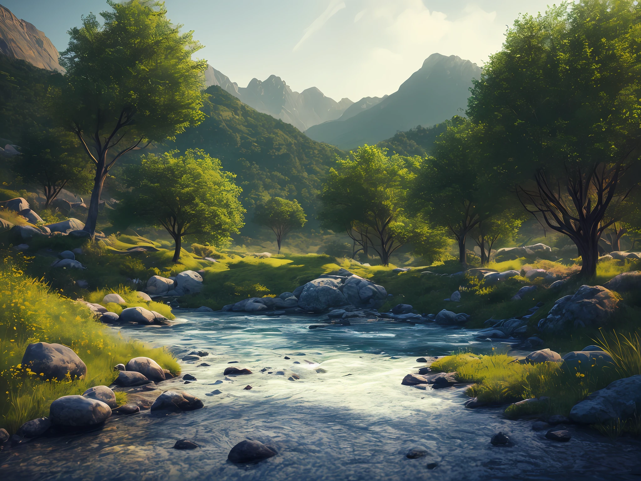 A peaceful place, very pleasant, aesthetic, calm, scenic. photorealistic, 8k uhd, studio quality, ultra realistic, max detail, massive scale, post-processing, realistic, photorealism, photoshop, photography, detailed, cinematic lighting, landscape, panoramic, landscape, raytracing, cinema4d