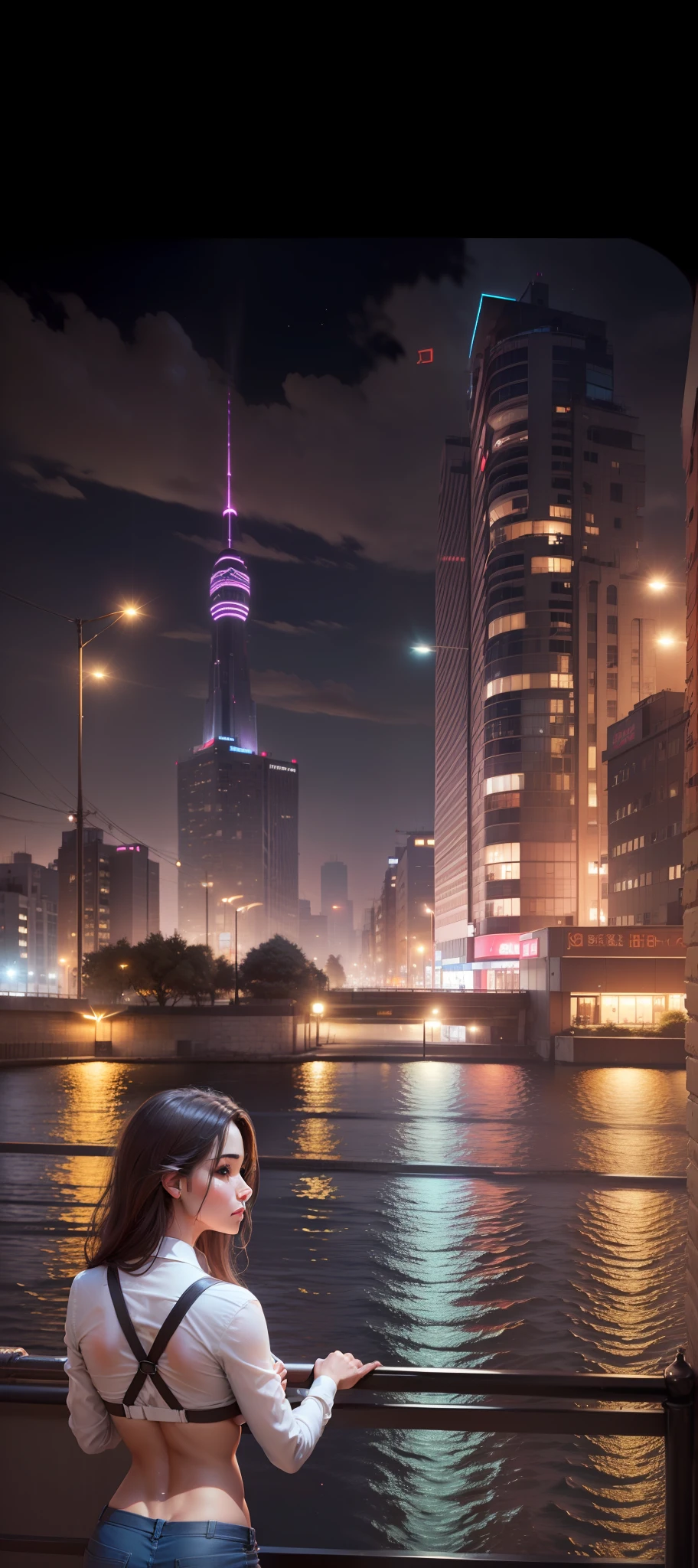 ((Realistic lighting, best qualtiy, 8k, tmasterpiece:1.3)), sharp fokus:1.2, 1girl, Beautiful Women with Perfect Figure:1.4, Slim abs:1.1,(exteriors,during night:1.1),the city street,Ultra-fine face,