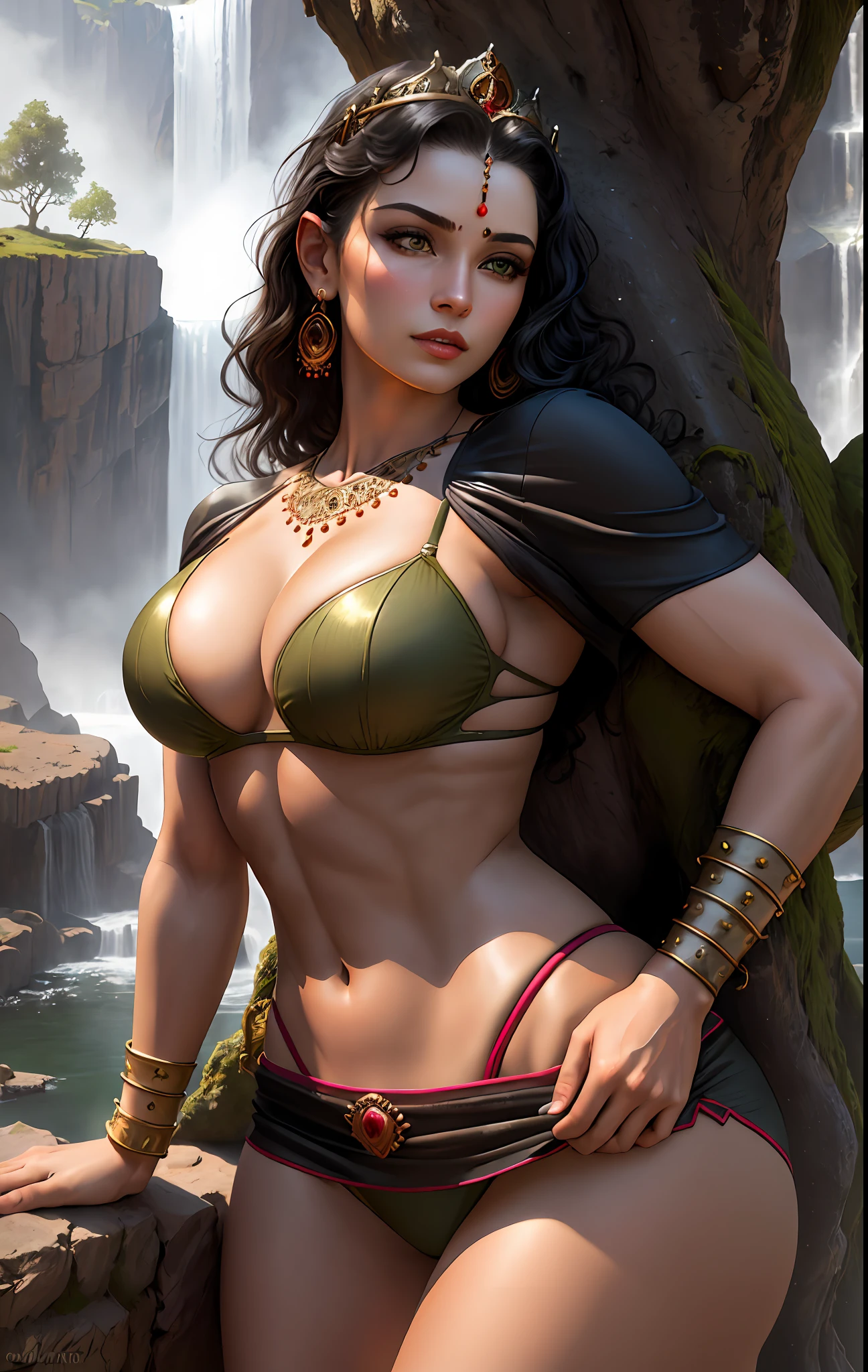 ((realistic:1.5)),((best quality)), ((masterpiece)),((detailed)), (1girl), {a beautiful female wearing, (upper body:1.3),super-wide-angle lens,face focus, mature,sexy,toned muscles,long legs,curvy, barefoot, medium breasts, open cleavage, drooping breasts, thick thighs,wide hips, thin legs, green eyes,long black hair,floting hair,long eyelashes, (detailed face,beautiful eye, detailed pupilss,detailed clothes features, clear background:1.3), (Bindi,Jhumkas:1.3), (Armlet, Haar, Payal,Maang Tikka,Jhumkas,Kamarband,Bangles:1.3), mysterious ancient ruin, lush forests, deep canyons,bridge,river,cliff,cloud, lakes,rock,waterfalls, flowers, grass, fog,vine,tree, smoke, best shadow,bright details,sharp,perfect composistion, Intricate, Sharp focus, dramatic, by Frank Frazetta,by Julie Bell,by Olivia De Berardinis,by Luis Royo,by boris vallejo, (specular lighting:1.3),rim light, princesses, royal skimpy topless, hugging and touching each other, teasing her friend's belly, teasing her friend's buttocks, blushing friend, biting her friend's ear lobe, hugging from behind, touching her friend's breasts from below