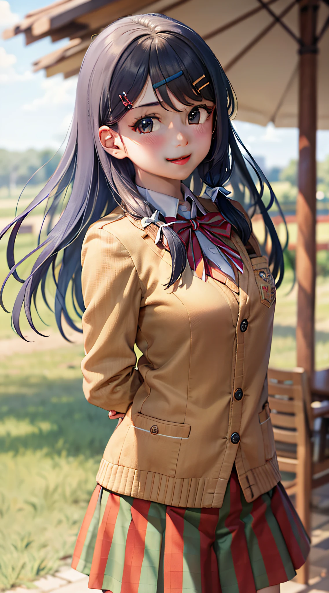 (masterpiece, best quality:1.2), cowboy shot, solo, 1girl, oribe tsubasa, smile, closed mouth, looking at viewer, arms behind back, hairclip, hair ornament, school uniform, red bow, red plaid skirt