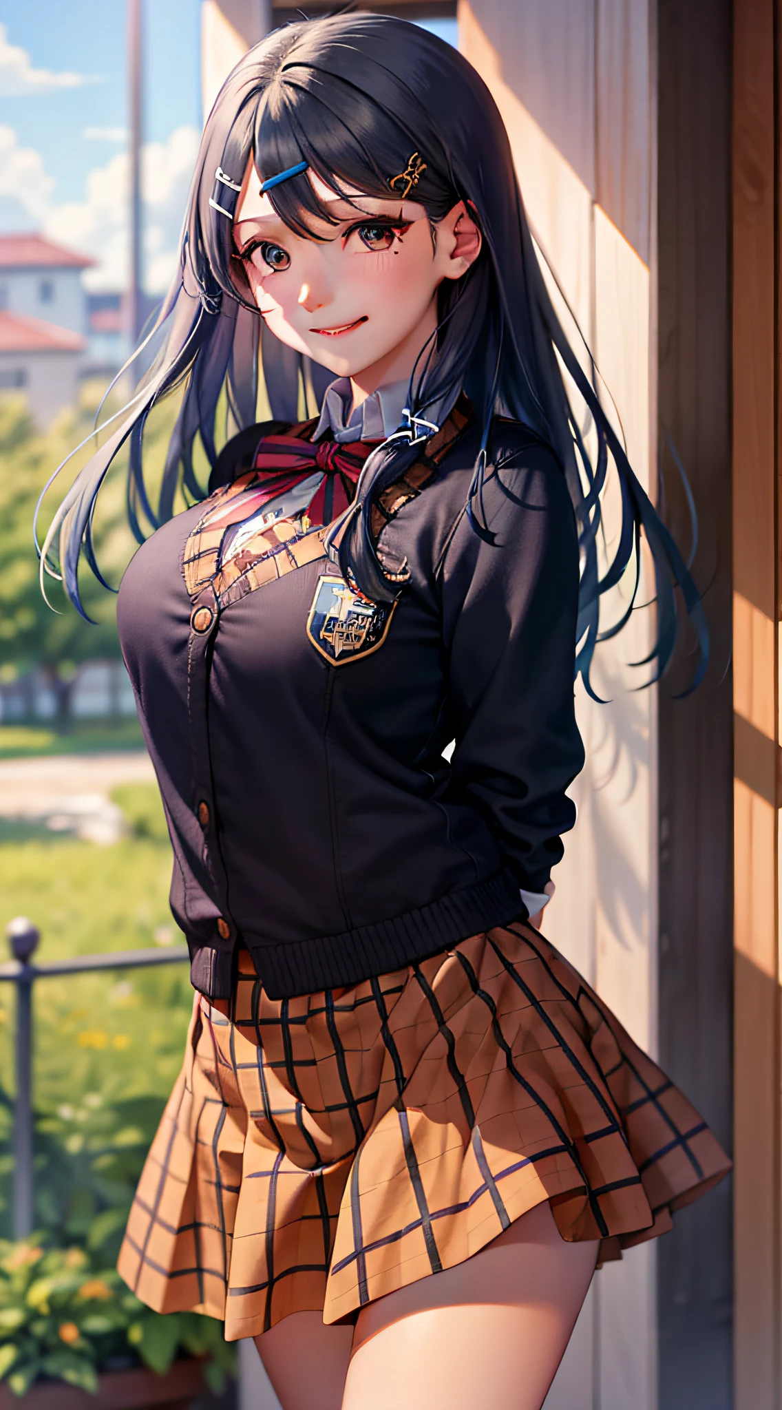 (masterpiece, best quality:1.2), cowboy shot, solo, 1girl, oribe tsubasa, smile, closed mouth, looking at viewer, arms behind back, hairclip, hair ornament, school uniform, red bow, red plaid skirt
