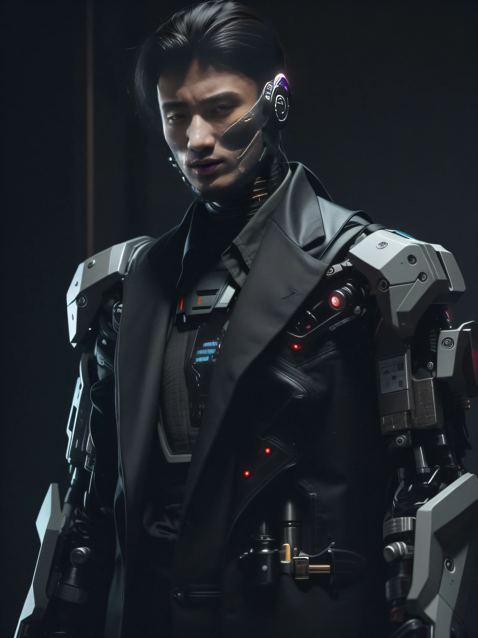 There is one wearing a suit,Man wearing a helmet with a gun, dystopian sci-fi character, cyberpunk cyborg, detailed humanoid, portrait of a futuristic robot, humanoid character, cyberpunk suit, cyberpunk character, sci - fi character, bionic scifi alexandre ferra, portrait of a cyborg, 3 D rendering character art 8 K, portrait of a cyberpunk cyborg