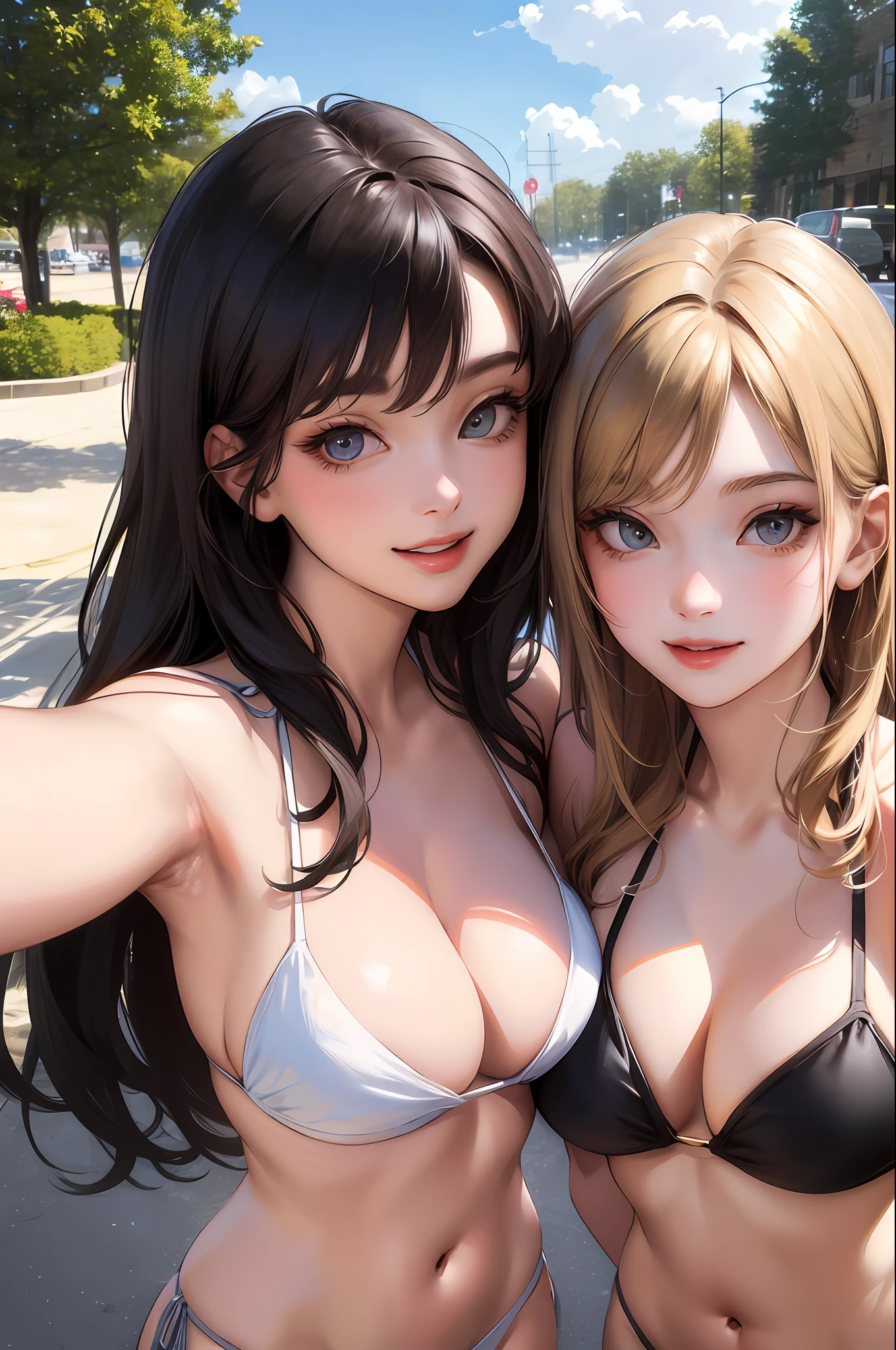 Realistic, Selfie of two girls, close contact with both breasts, wearing a bikini, big breasts, smiling face