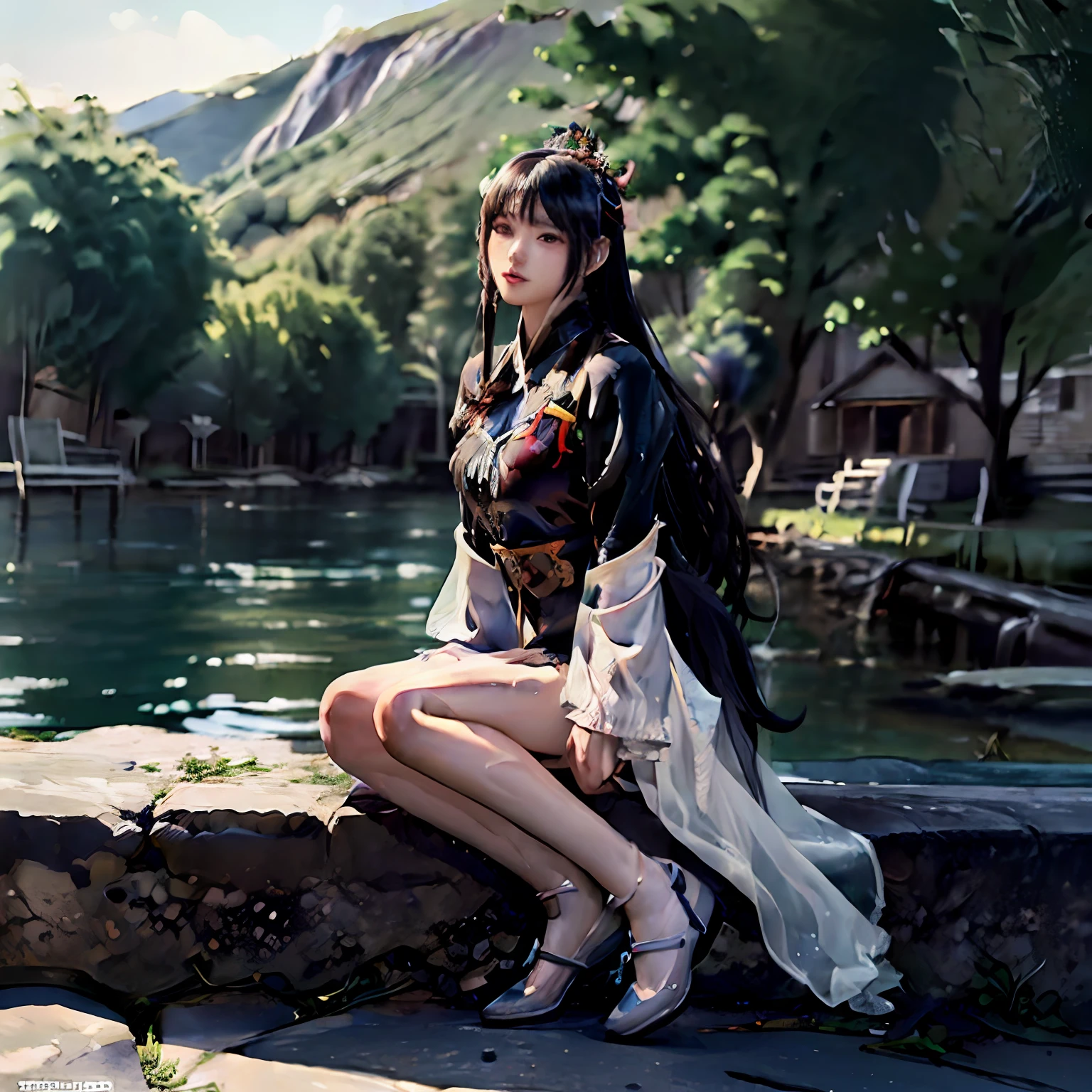 (masterpiece, best quality, beautiful portrait:1.4) of a stunning 25yo chinese 1girl, (full body view:1.6), seductive pose, solo, long black hair, looking at viewer, village and lake in background, colorful watercolor anime, highly detailed, ultra realistic, (sharp focus:1.6), insanely intricate, 8k
