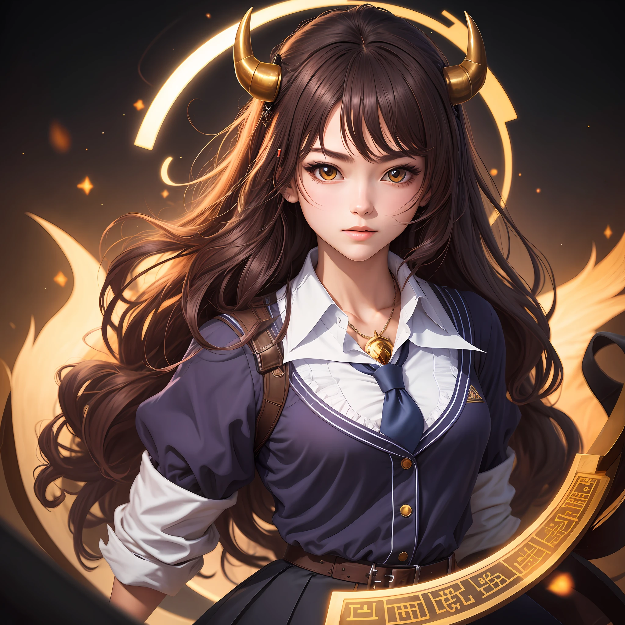 An ultra-detailed half-body illustration of a schoolgirl character with Taurus zodiac inspired features. The character should be set against a black background, and all details should revolve around Taurus zodiac themes.