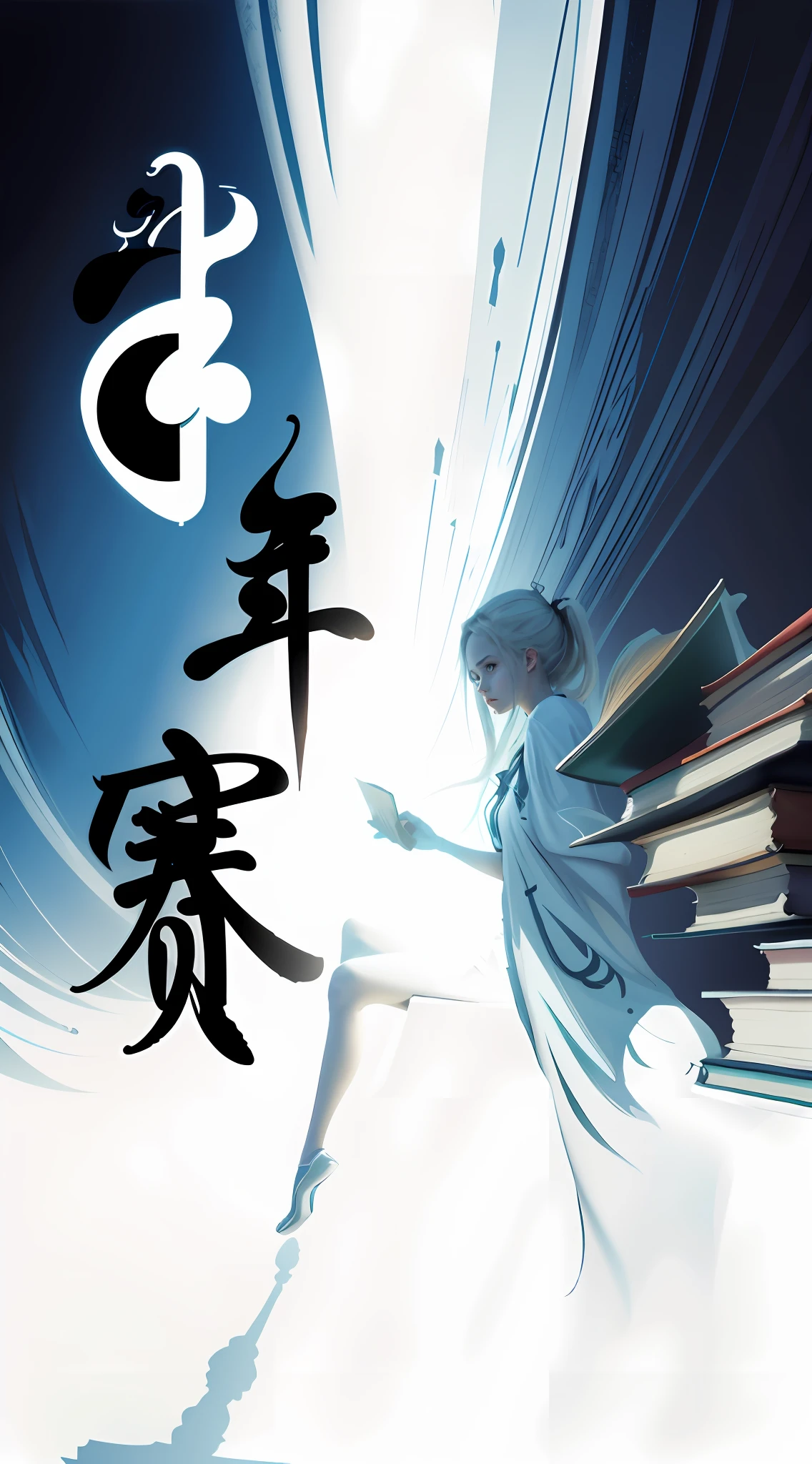 filmposter, Books,The girl sits in the book
illustration, Poster design, Dynamic character girl, debate, opposition, Books, Sky background, Light and shadow, Wide angle lens