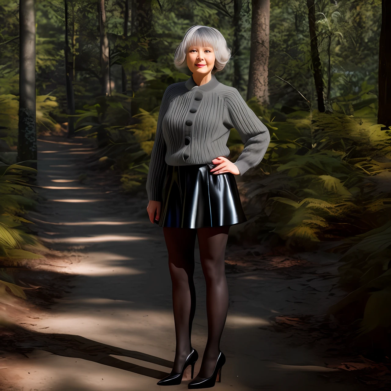 wide angle photorealistic full body head to toes image of a shy old grandma with very short grey haircut wearing ultra short black pvc miniskirt, short sweater and stiletto heels, standing in a forest, ((full body)) high detailed, natural light, HDR, lens 24-70mm, photorealistic, photo realistic, ultra detailed, wide angle lens