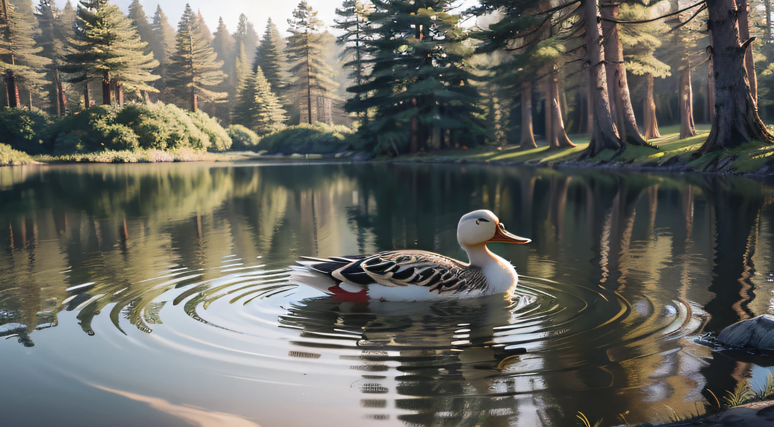 There is a duck that is swimming in the water, Pato Donald na vida real, pato detalhado, retrato conceito do pato da fantasia, sobrevoando um lago na floresta, aventura render hiper realista, natural realistic render, inspired by Jacob Duck, stylized as a 3d rendering, No estilo de arte de Filip Hodas, illustration of a duck, a photorealistic rendering