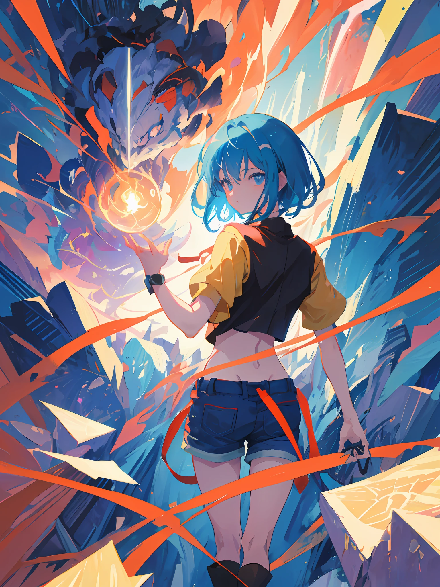 Masterpiece, Best quality, Two-dimensional marshal, Fashionable, simple and straightforward, Dismissive face, Don't look at the camera,Short hair, light blue  hair, Thin waist, Thin legs, Super Shorts, Crop top, Girl anime art wallpaper 4K, Anime art wallpaper 4 K, Anime fantasy illustration, style of anime4 K, anime styled digital art, Beautiful anime artwork, Anime art wallpaper 8 K, beautiful anime art style, Best anime 4k konachan wallpaper, Digital anime illustration, Digital anime art，Fantastic psychedelic background with lightning particles lightning --auto