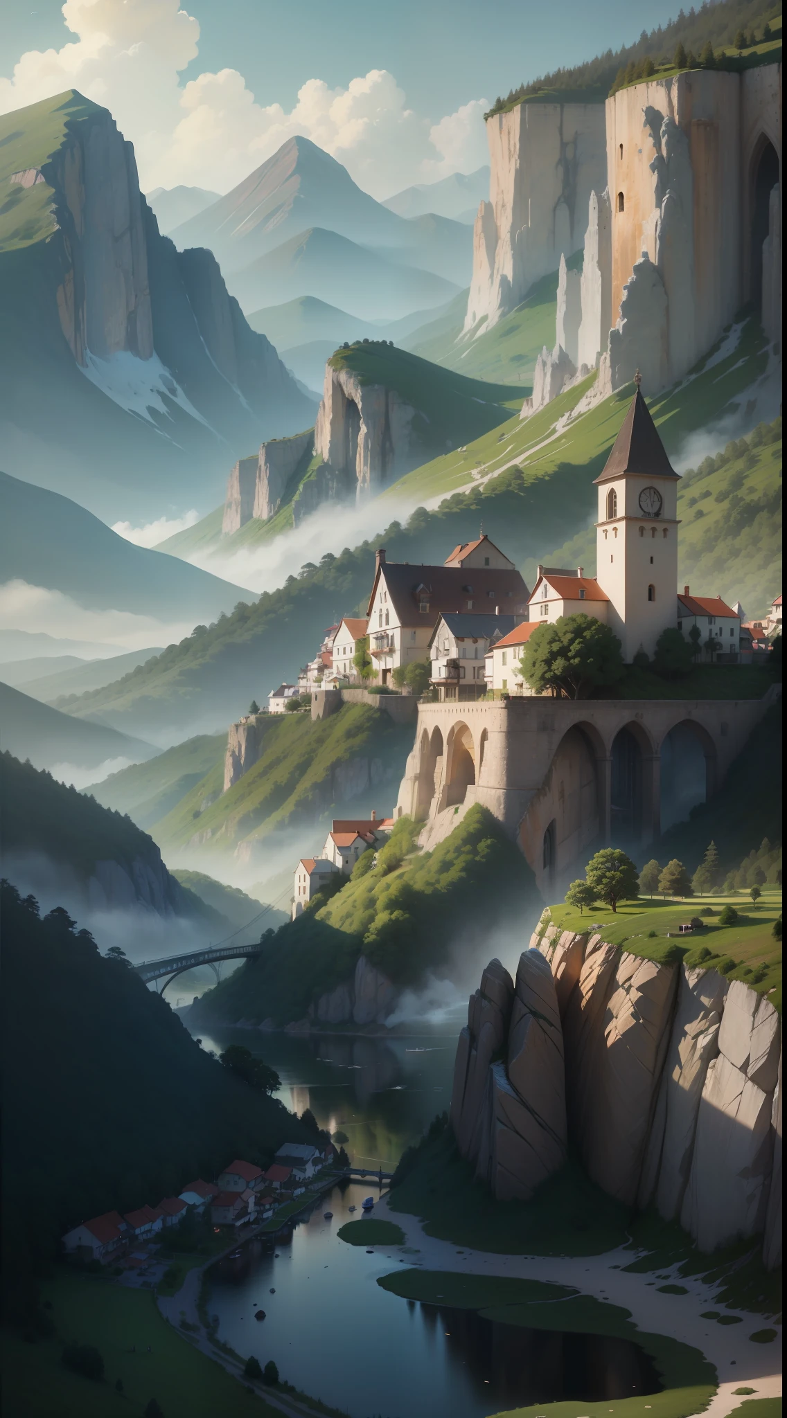uma obra prima, alta qualidade, reflexos de alta qualidade, a setting of a village among mountains, com um rio passando pela vila, Scenery with realistic lighting, vila simples, beautiful scenery, alta qualidade