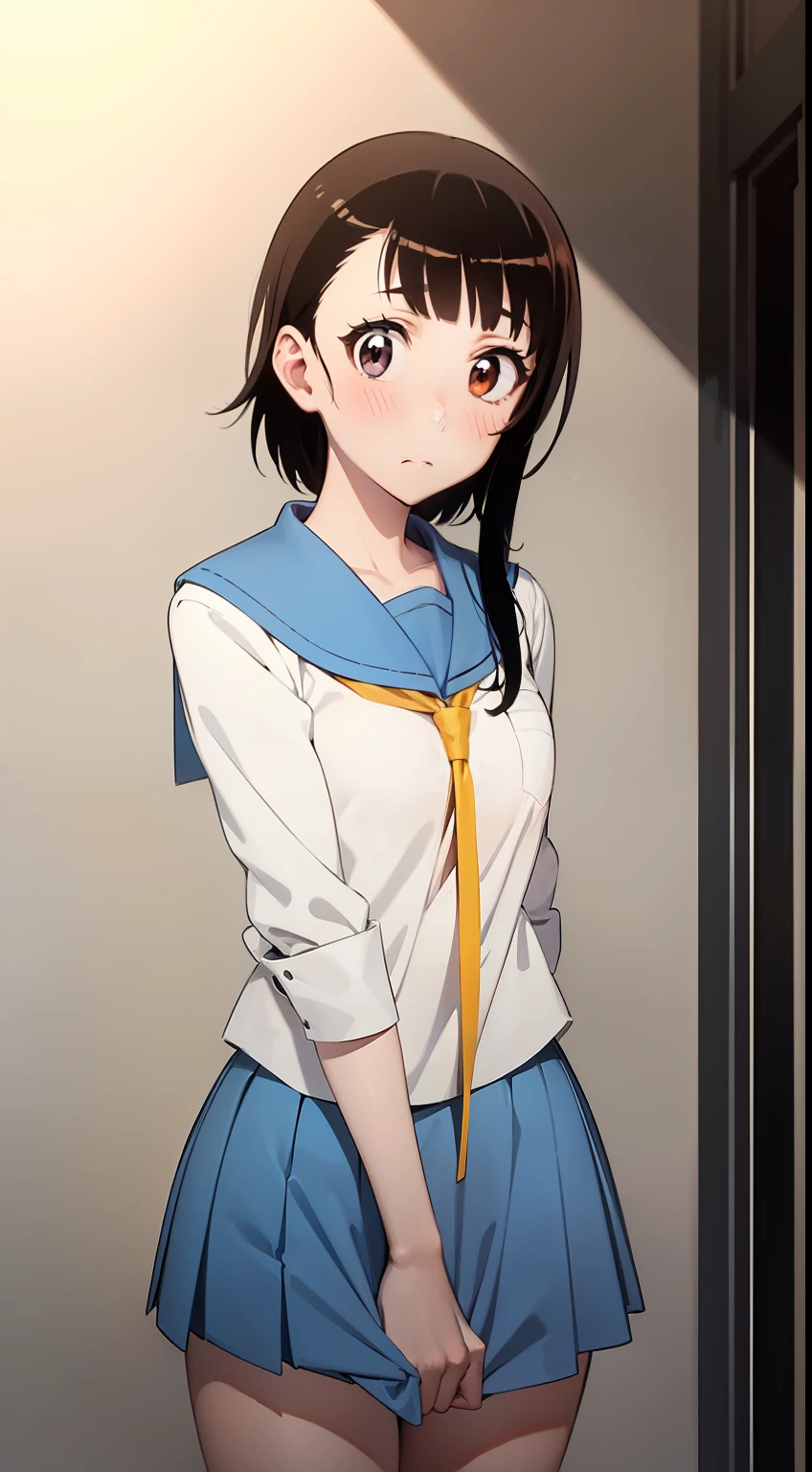 (the Extremely Detailed CG Unity 8K Wallpapers), (masutepiece), (Best Quality), (Ultra-detailed), (Best Illustration), (Best Shadow), (absurderes), 1girl in, Solo, clothes tug, skirt tug,Dress Tug, shirt tug,Sweater Tags,Wind,wind lift,onodera kosaki, School uniform, serafuku, orange necktie, Light blue skirt, Looking at Viewer, red blush、embarrassed from