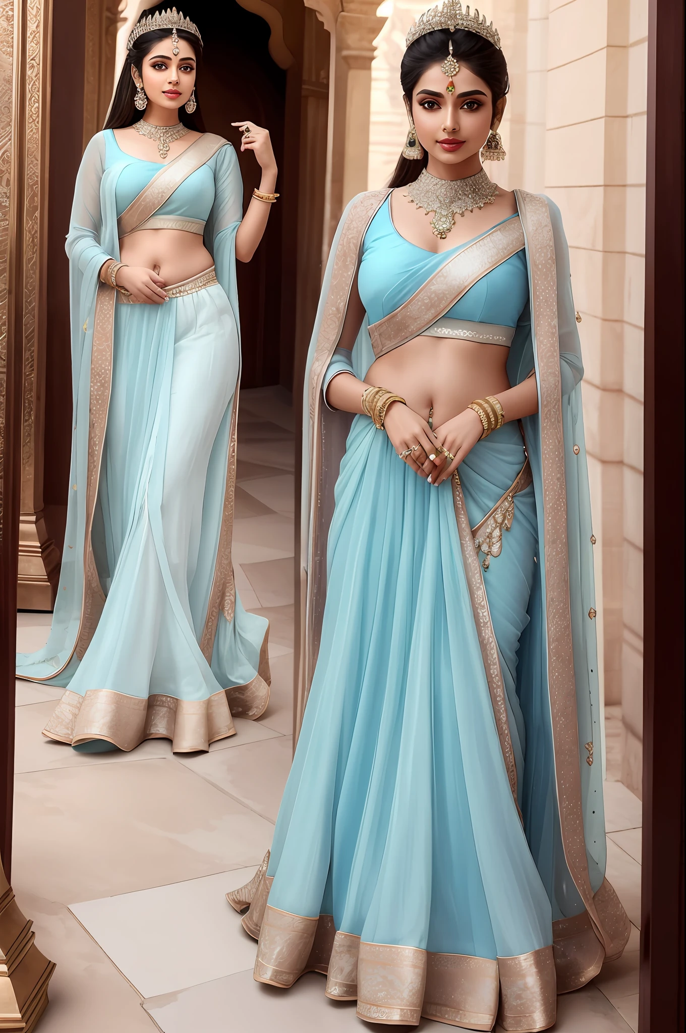 Indian princess show stomach long legs wear jewellers dress type light sky blue. Looks like to janhvi Kapoor