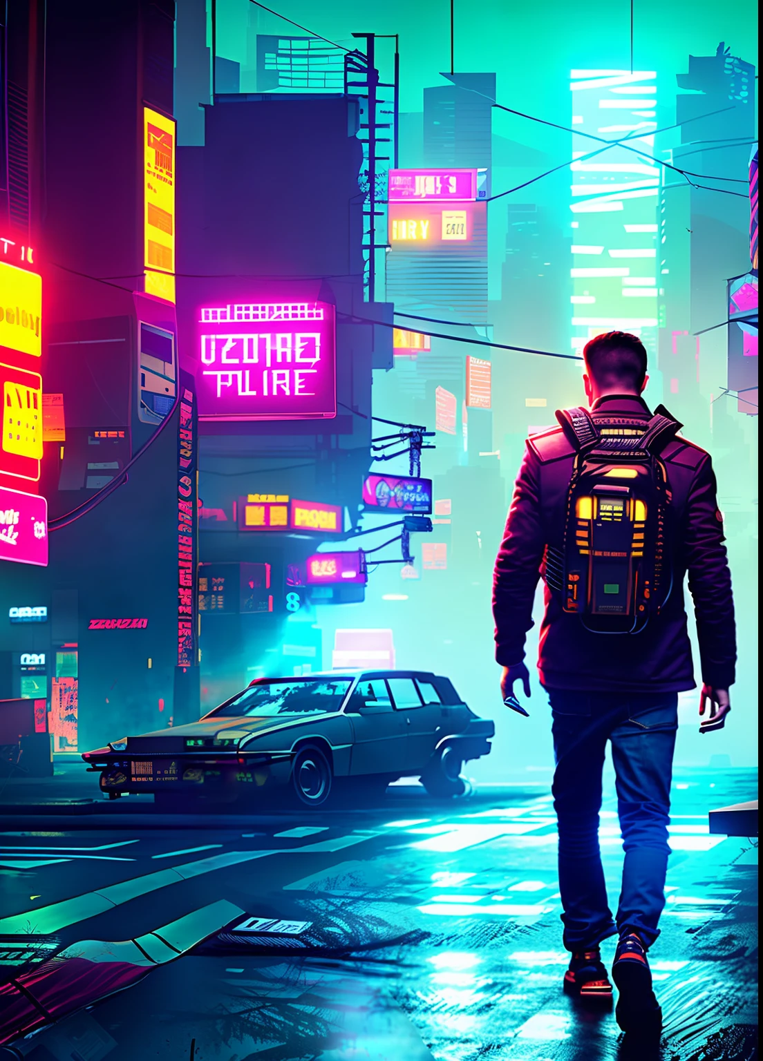 (an artistic photograph of a cyberpunk delivery man), foto de corpo inteiro, centralizada, (extremamente detalhada: 1.2), (intricate neon slums in the background:1.1), hiper-detalhada, (soft-lighting: 1.2), high-resolution, filmic grain.