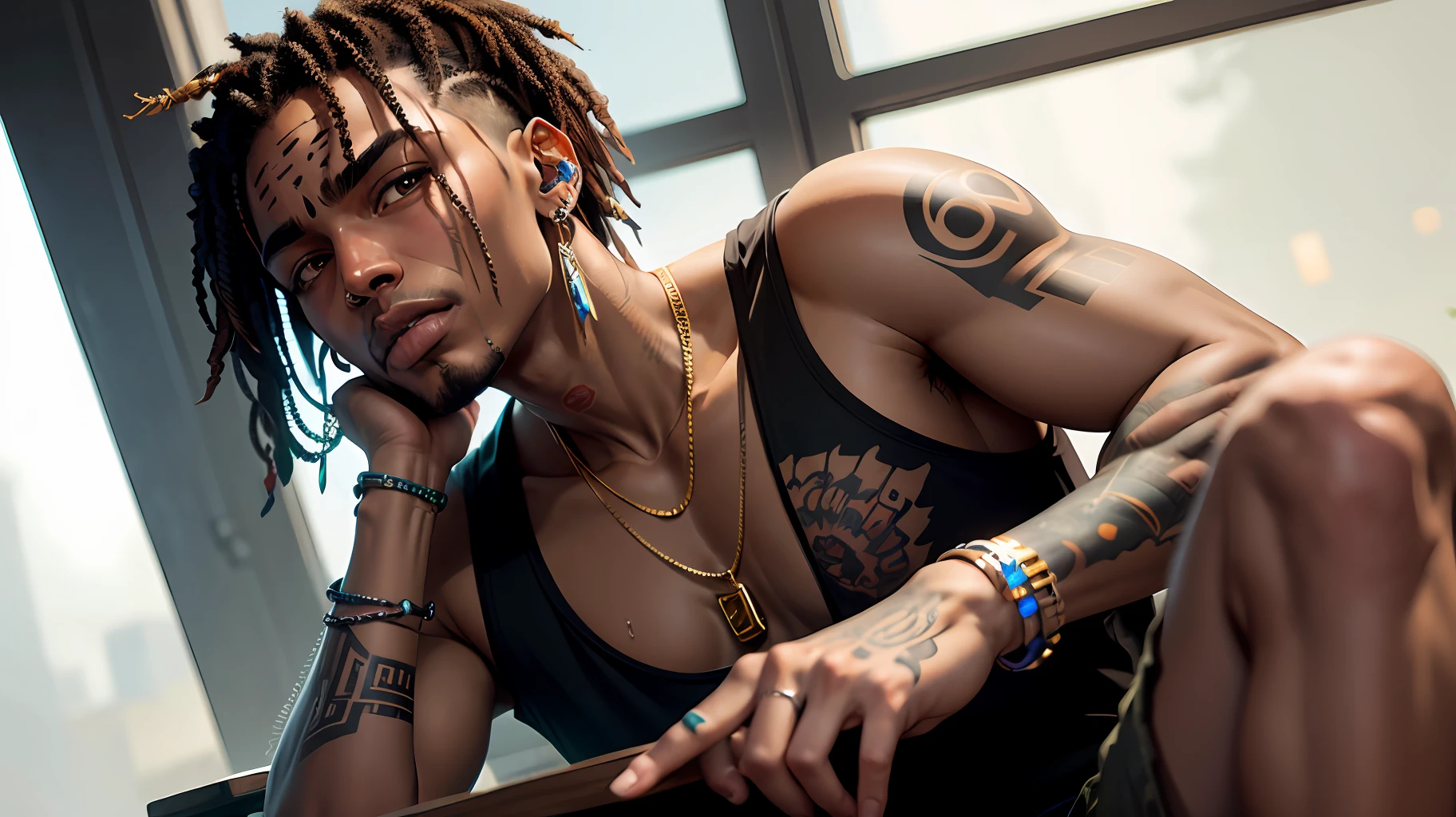 Crie uma arte de um jovem todo tatuado tatuado na cara com estilo do Travis Scott com corrente de ouro e dentes cratejados de diamante --auto