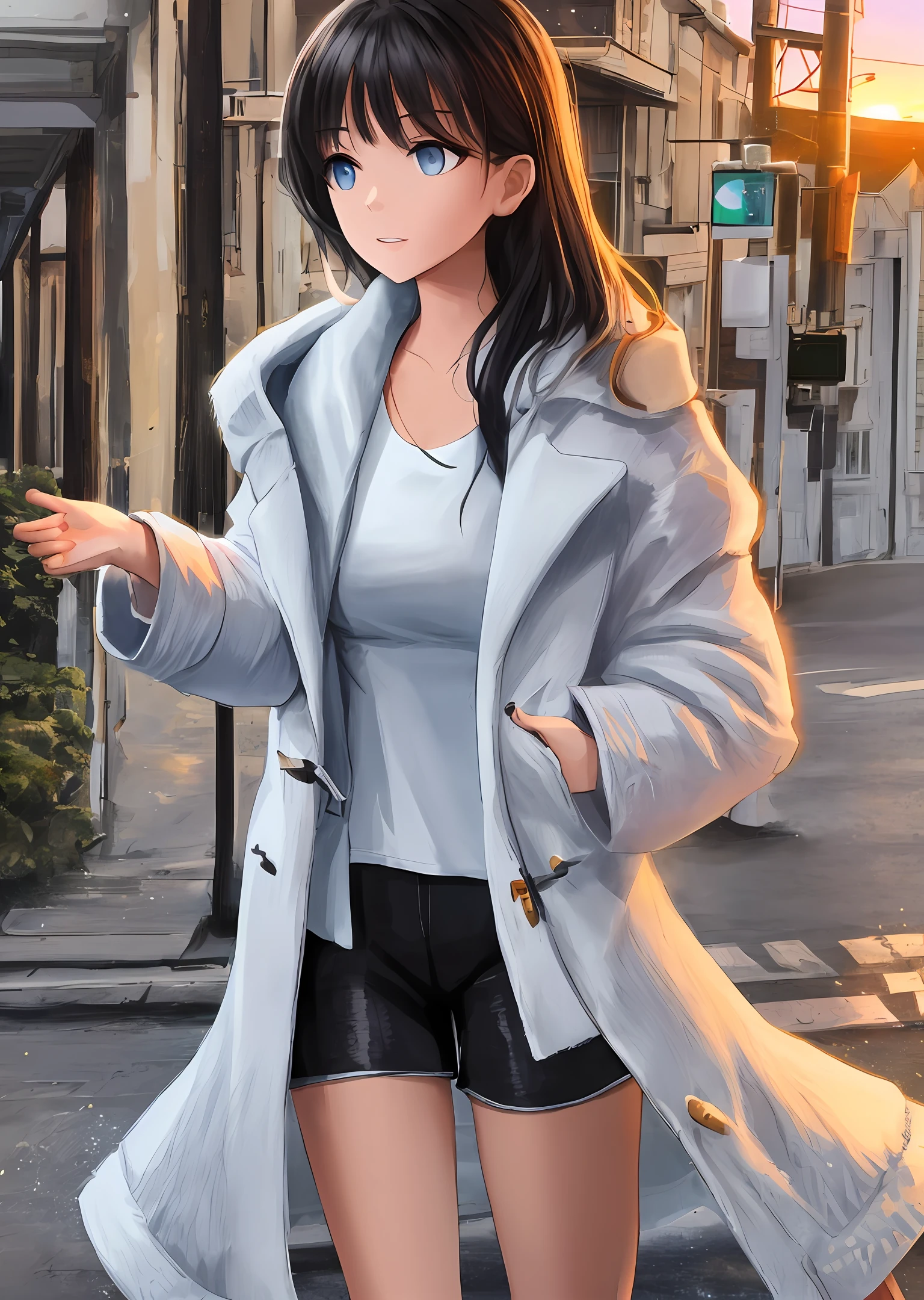 Black hair, blue eyes, white top,Shawl coat,Sunset street,Black shorts,Bust photo,Fine image quality,Magical reality