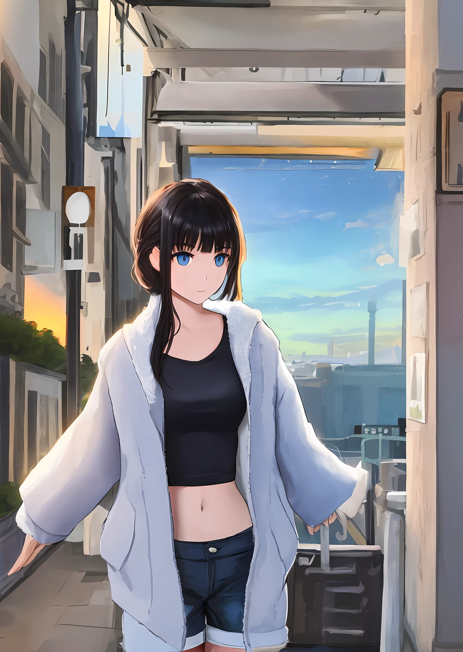 Black hair, blue eyes, white top,Shawl coat,Sunset street,Black shorts,Bust photo,Fine image quality,Magical reality