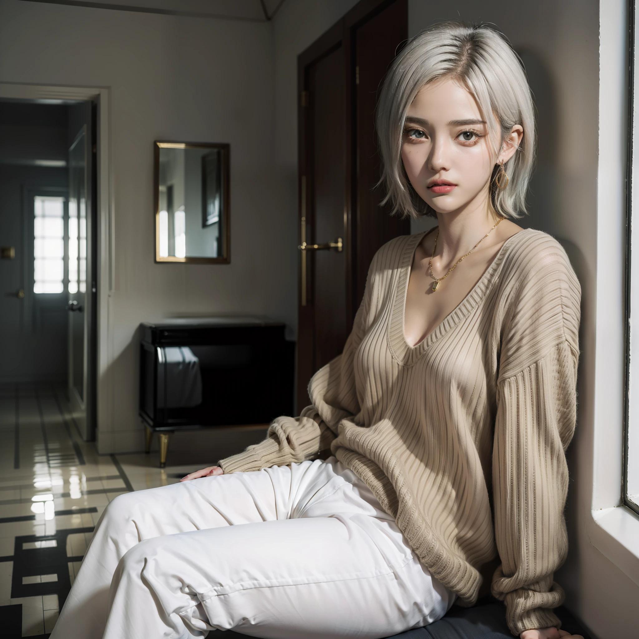 (masterpiece:1.3), (8k, photorealistic , best quality: 1.4), (1girl), beautiful face, (realistic face), (white hair, short hair:1.3), buzz cut , realistic brown eyes, beautiful detailed eyes, (realistic skin), beautiful skin, (sweater), absurdres, attractive, ultra high res, ultra realistic, highly detailed, golden ratio . Clothes: mens white shirt , black wool pants , black formal shoes . Black and gold necklace , silver earrings. Background : inside of house , white walls , gray sofa , green plants , white window , modern lighting .