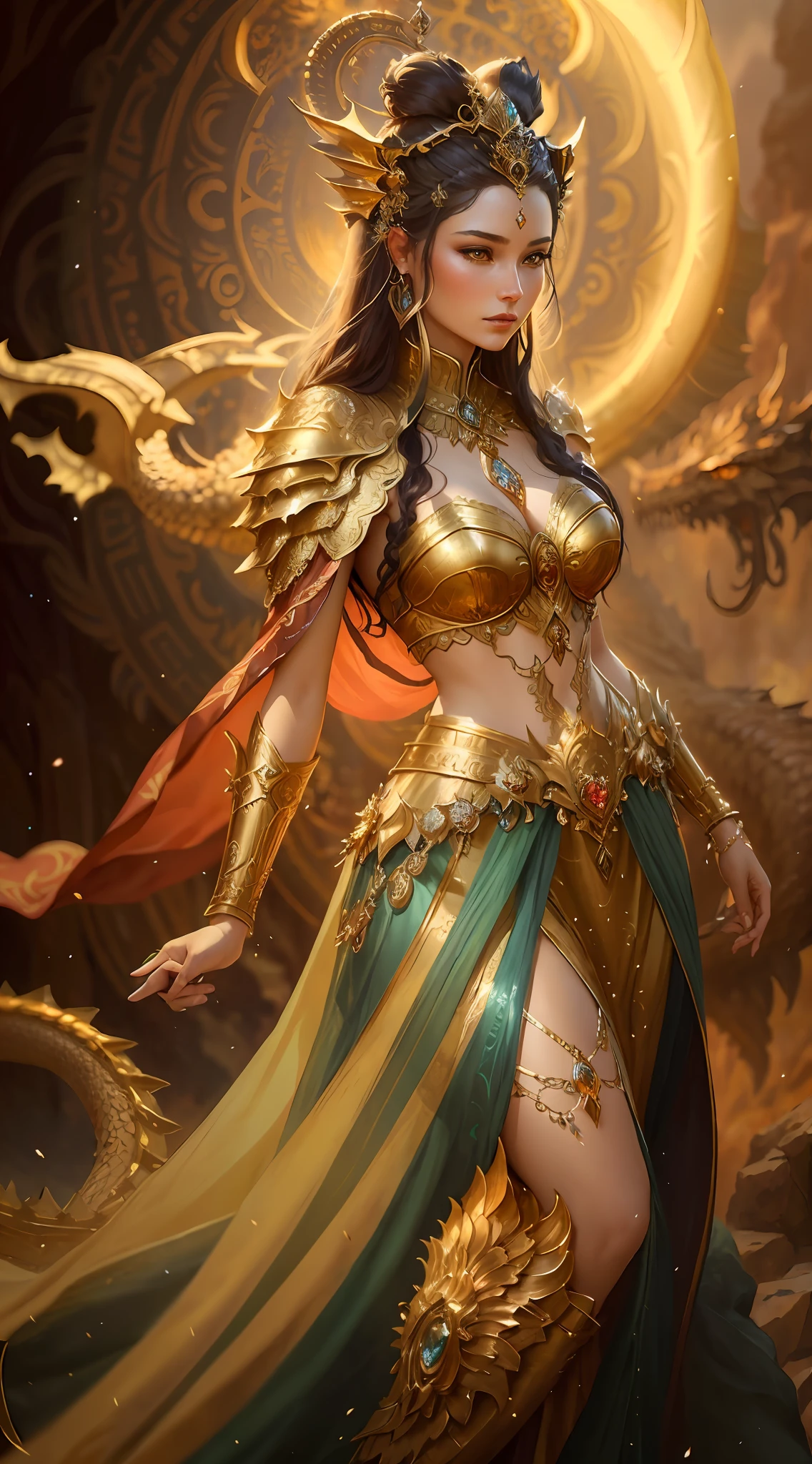 Close-up of a woman in a costume with a dragon on her shoulder, a beautiful fantasy empress, fantasy woman, a goddess. extremely high details, fantasy art behance, ((a beautiful fantasy empress)), karol bak uhd, epic fantasy digital art style, epic fantasy art style hd, Yang J, The magnificent goddess of the Lion, detailed fantasy art