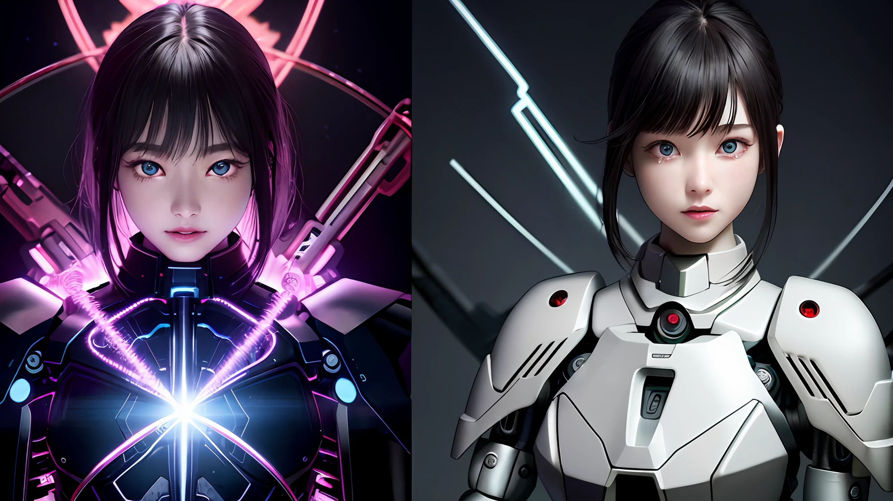 ​masterpiece、(Photorealsitic:1.4)、top-quality、beautiful  lighting、(ulzzang-6500:0.5)、Makima \(chain saw man\)、(Bob hair)+(A dark-haired)+(bangss)、blue eyess、blue eyess、crying how bright、((Ring-shaped eyes))、RAW Photography、8k UHD、film grains、Pendant top quality、​masterpiece、超A high resolution、(Photorealsitic:1.4)、Raw photo、女の子1人、Black hair、glowy skin、1 Mechanical Girl、((super realistic details))、portlate、globalillumination、Shadow、octan render、8K、ultrasharp、Raw skin is exposed in cleavage、metals、Details of complex ornaments、Japan details、highly intricate detail、Realistic light、CGSoation Trends、a purple eye、radiant eyes、Facing the camera、neon details、Mechanical limbs、blood vessels connected to tubes、Mechanical vertebrae attached to the back、mechanical cervical attaching to neck、sitting on、Wires and cables connecting to the head、Gundam、Small LED lamp、