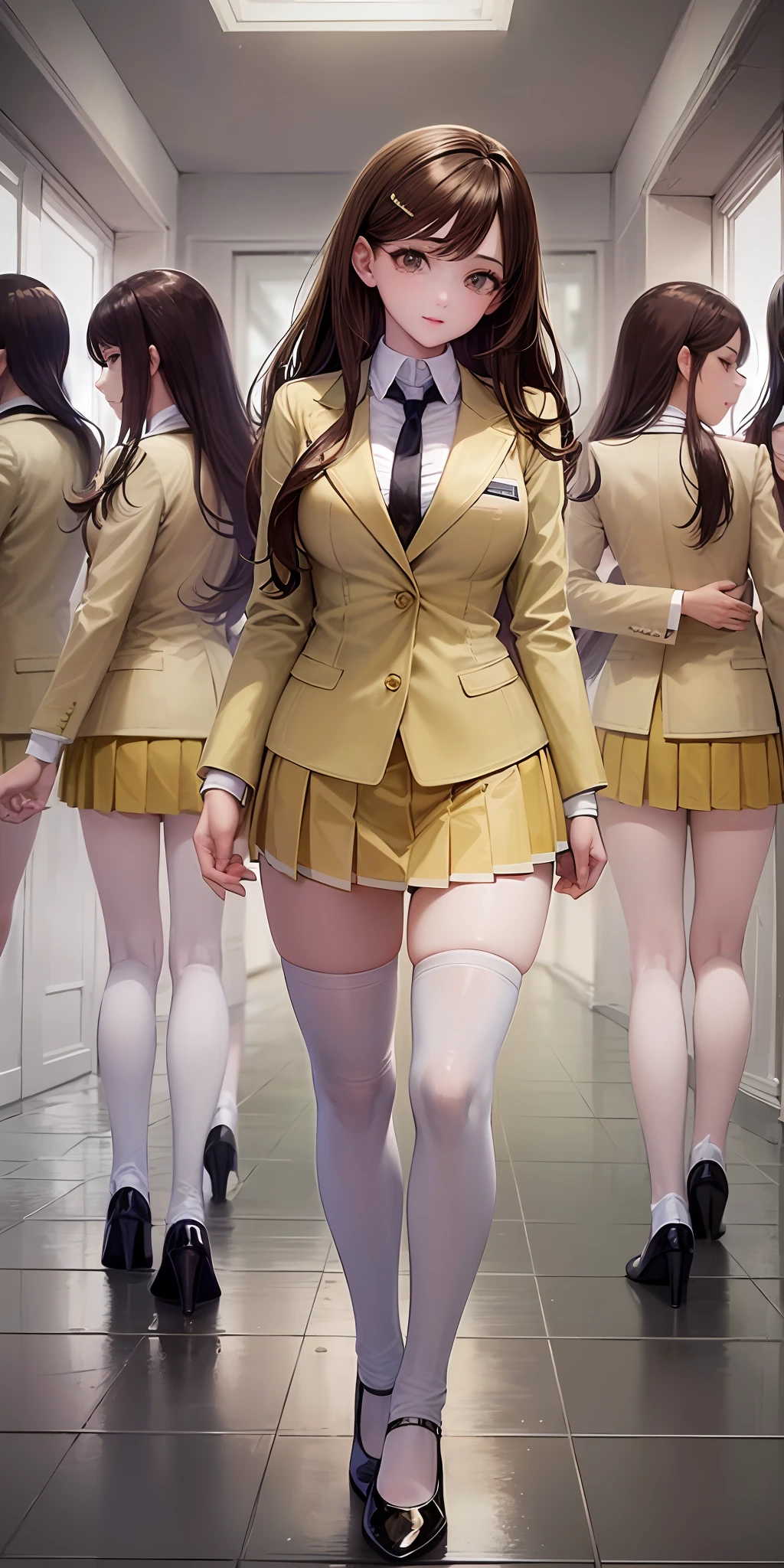 ((Masterpiece, highres)), 10+girls, group, clones, (( brown haired girls, blonde girls)), long hair, curly hair, matching hairstyles, different hair color, confident, elegant, rich girls, emotionless, arms at sides, straight backs, (((matching outfits, identical outfits, yellow school uniforms, sexy school uniforms, yellow blazer, yellow short skirt, white thighhighs, long white socks, black high heels))), standing at attention, shoulder to shoulder, same pose