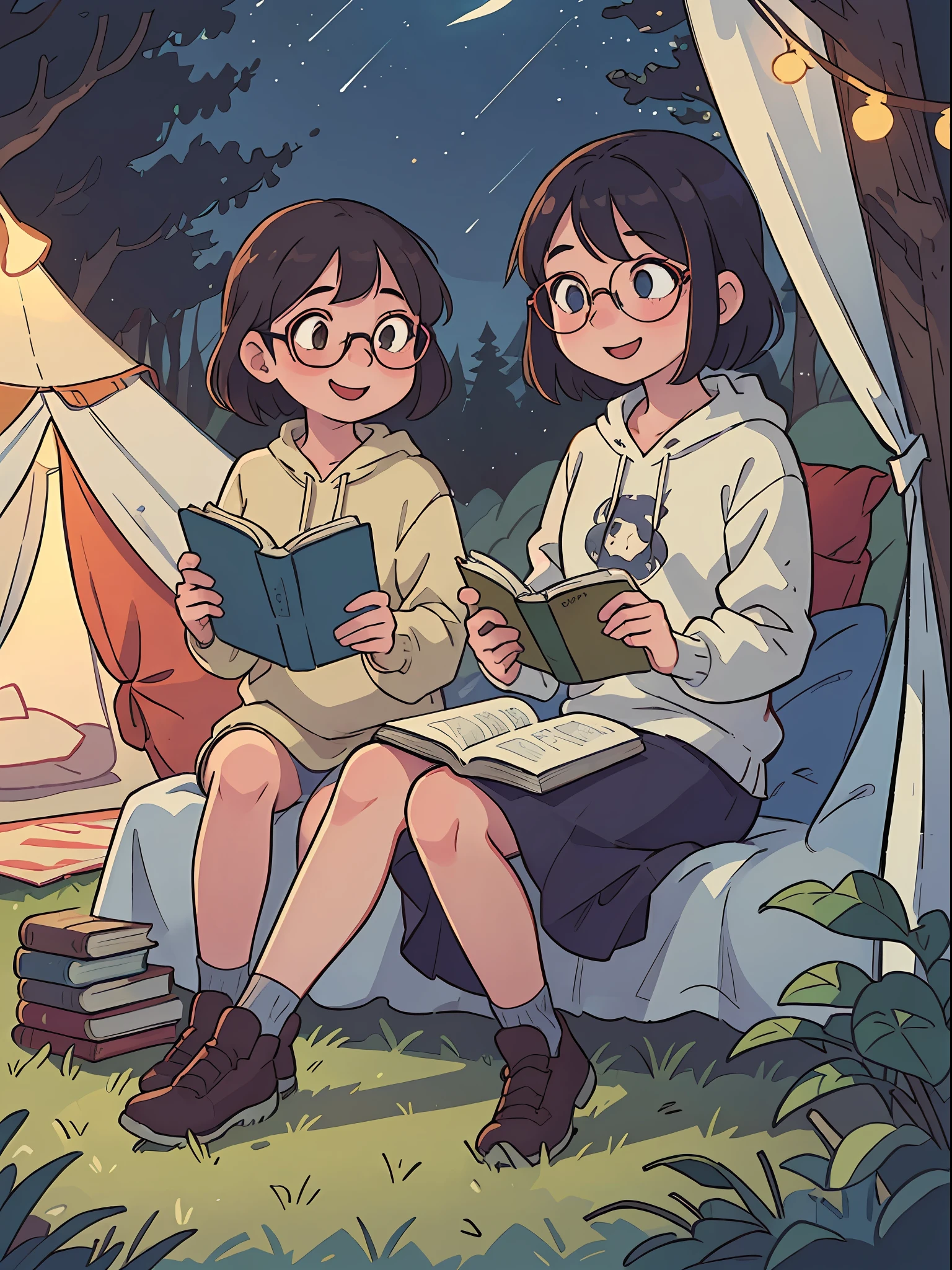 An ultra-detailed, masterpiece illustration of a girl and her friend reading a book inside a tent, eyes facing the book, happy expression, wearing glasses, with the forest surrounding them and the night-time sky above. Best quality, best illumination, and best shadow, bokeh, depth of field, full body, sitting inside a tent