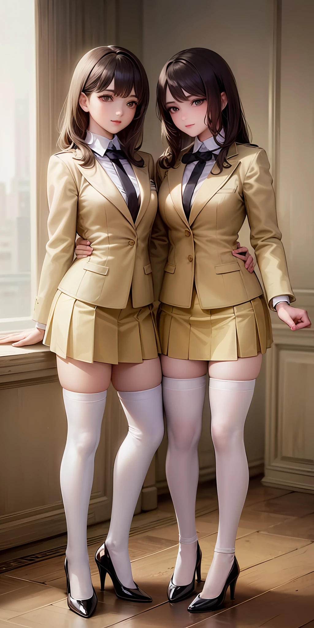 ((Masterpiece, highres)), 2girls, duo, twins, ((one brown haired girl, one blonde girl)), long hair, curly hair, matching hairstyles, different hair color, confident, elegant, rich girls, emotionless, arms at sides, straight backs, (((matching outfits, identical outfits, yellow school uniforms, sexy school uniforms, yellow blazer, yellow short skirt, white thighhighs, long white socks, black high heels))), standing at attention, shoulder to shoulder, same pose, mansion