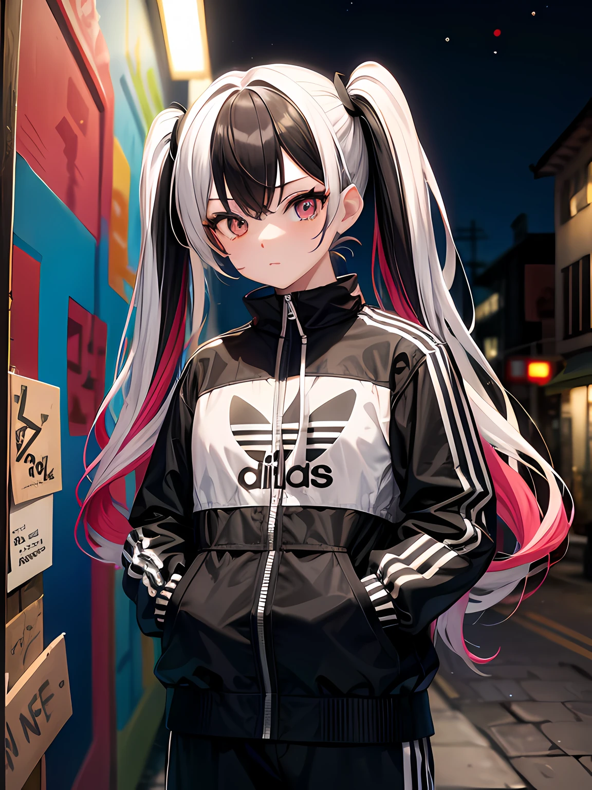 masterpiece, best quality, 1 mature female, twintails, multicolored hair, adidas tracking suit, looking at viewer, leans against a wall, graffiti, side street, night, neonlights