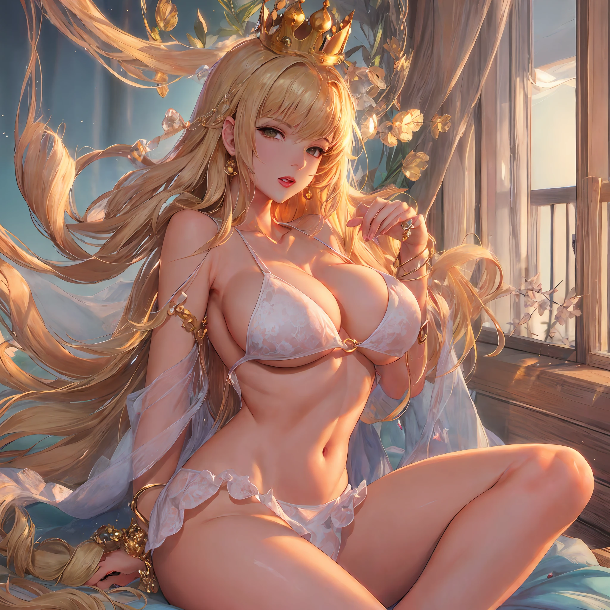 Bikini and golden crown，cinematic goddess body shot，Goddess of Light，the sailor galaxia。Angel Big Breasts Sexy Seduction Big Long Legs