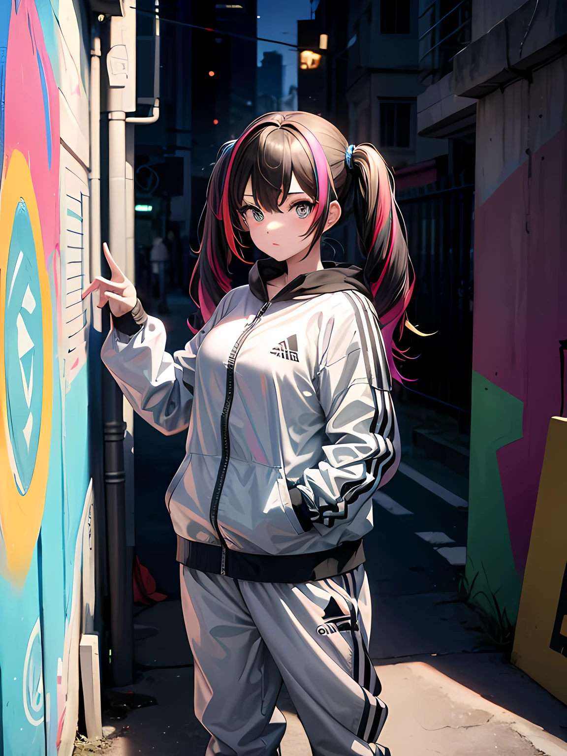 masterpiece, best quality, 1 mature female, twintails, multicolored hair, adidas tracking suit, looking at viewer, leans against a wall, graffiti, side street, night, neonlights