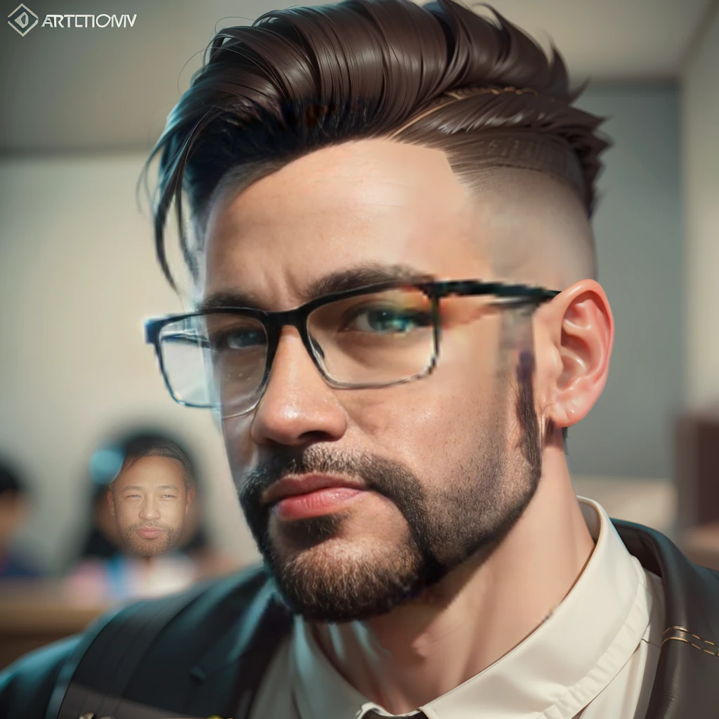 Cute small 38-years-old male investor , huge head, shot Undercut hair , wearing Round gold thin frame glasses, highly detailed eyes,front-facing, fit, looks like a boss, full body view, highly detailed hands ,Toy figures,best quality, 3d cartoon,full body view, fantasy, dreamlike, surrealism, super cute, trending on artstation