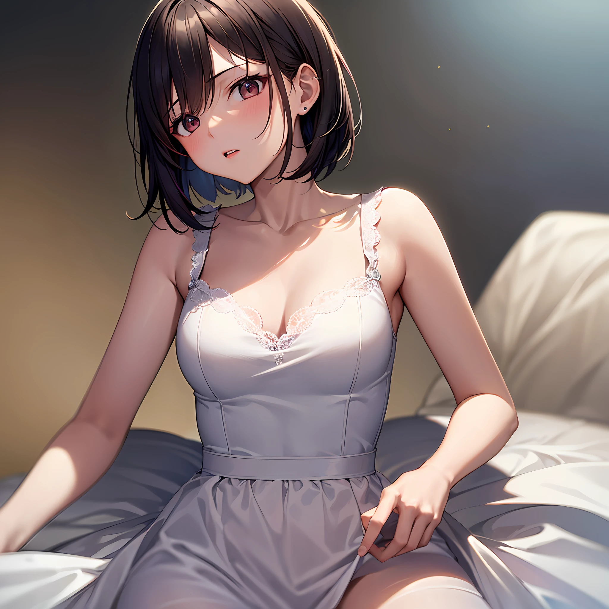 top-quality、masterpiece、1girl in、Dark hair、Akame、White clothes、dress、look down on、the upper part of one’s body、light skinned、a short bob