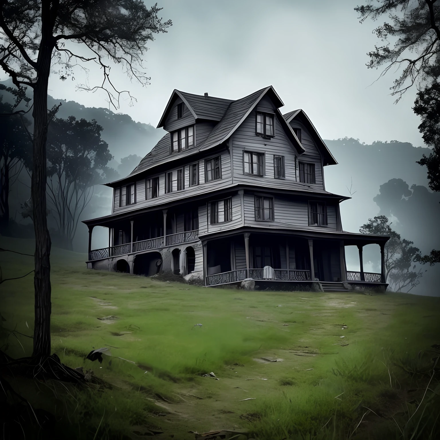 uma casa velha no topo de uma colina, com escadas externas, em uma cena de um filme de terror, altamente assustador, Estilo Tim Burton, em ultra realismo