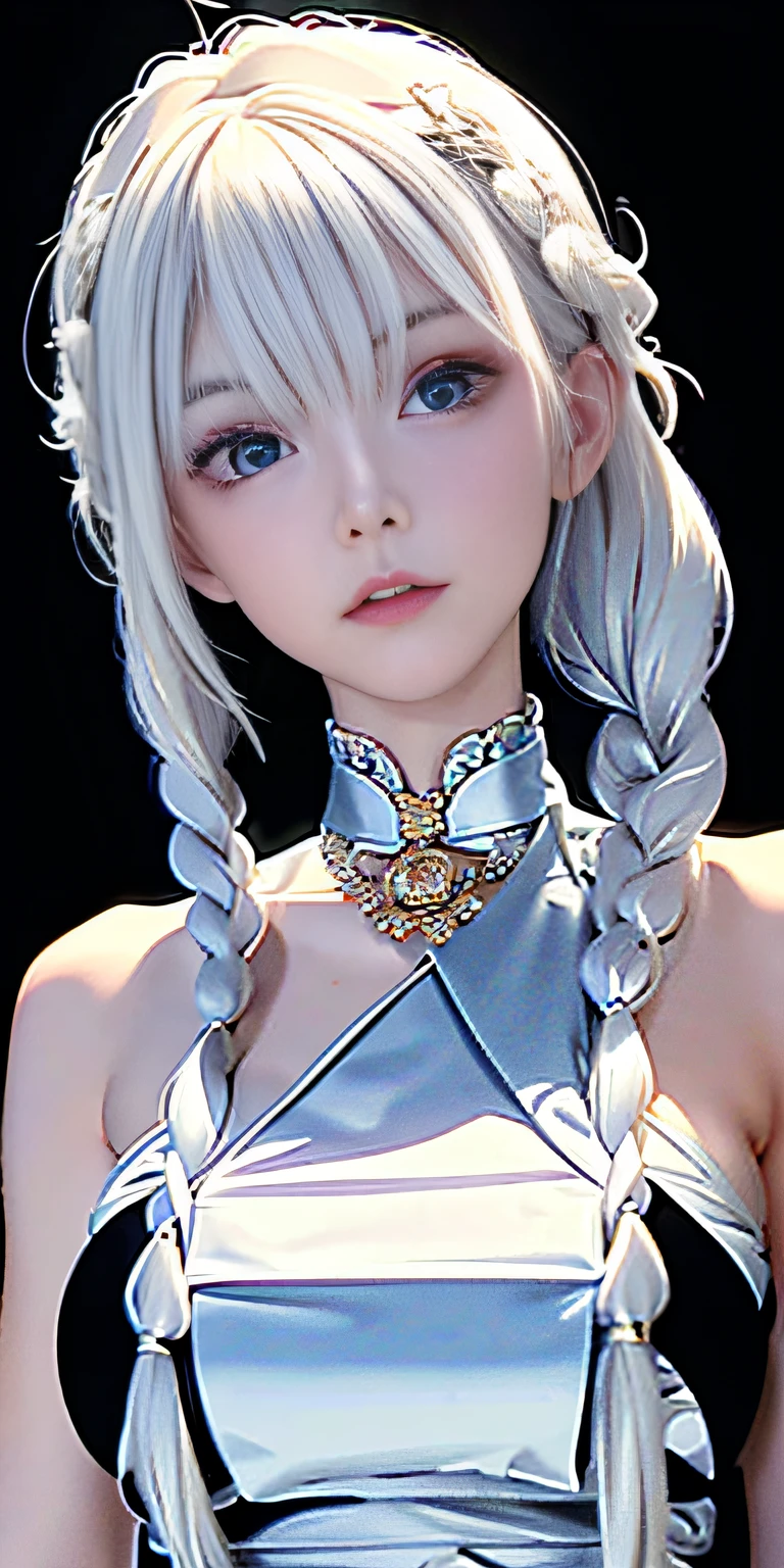 best quality, masterpiece,white hair, gold eyes,white clothes, looking up, upper body,hair strand,Fair skin,side braids