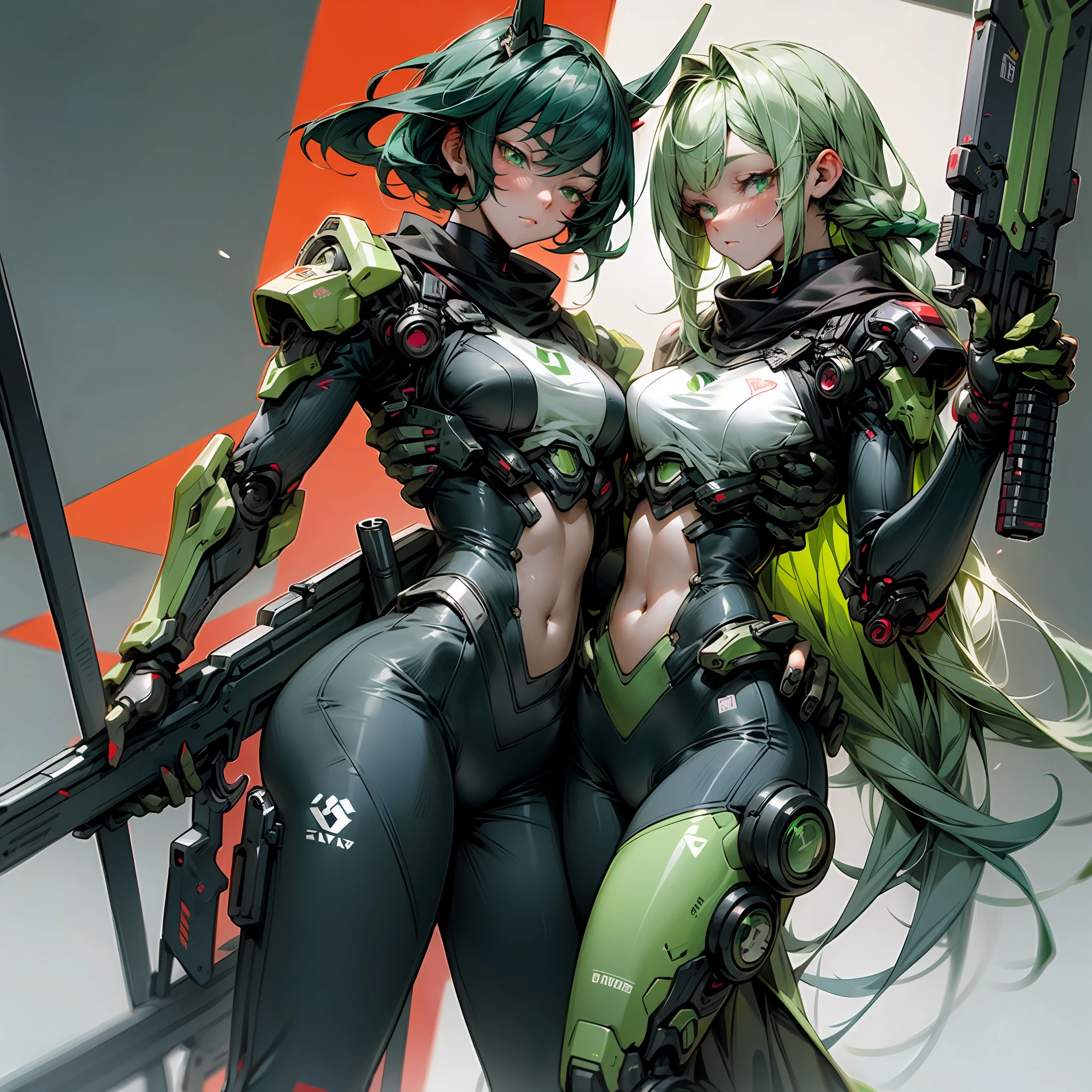 Green gradient hair,dual horsetail,black undersuit,Red tattoo on the abdomen,Red-green eyes,black cloaths,Robotic arm,holding a double gun,Anime characters,Cyberpunk style,Mammary bulge --auto