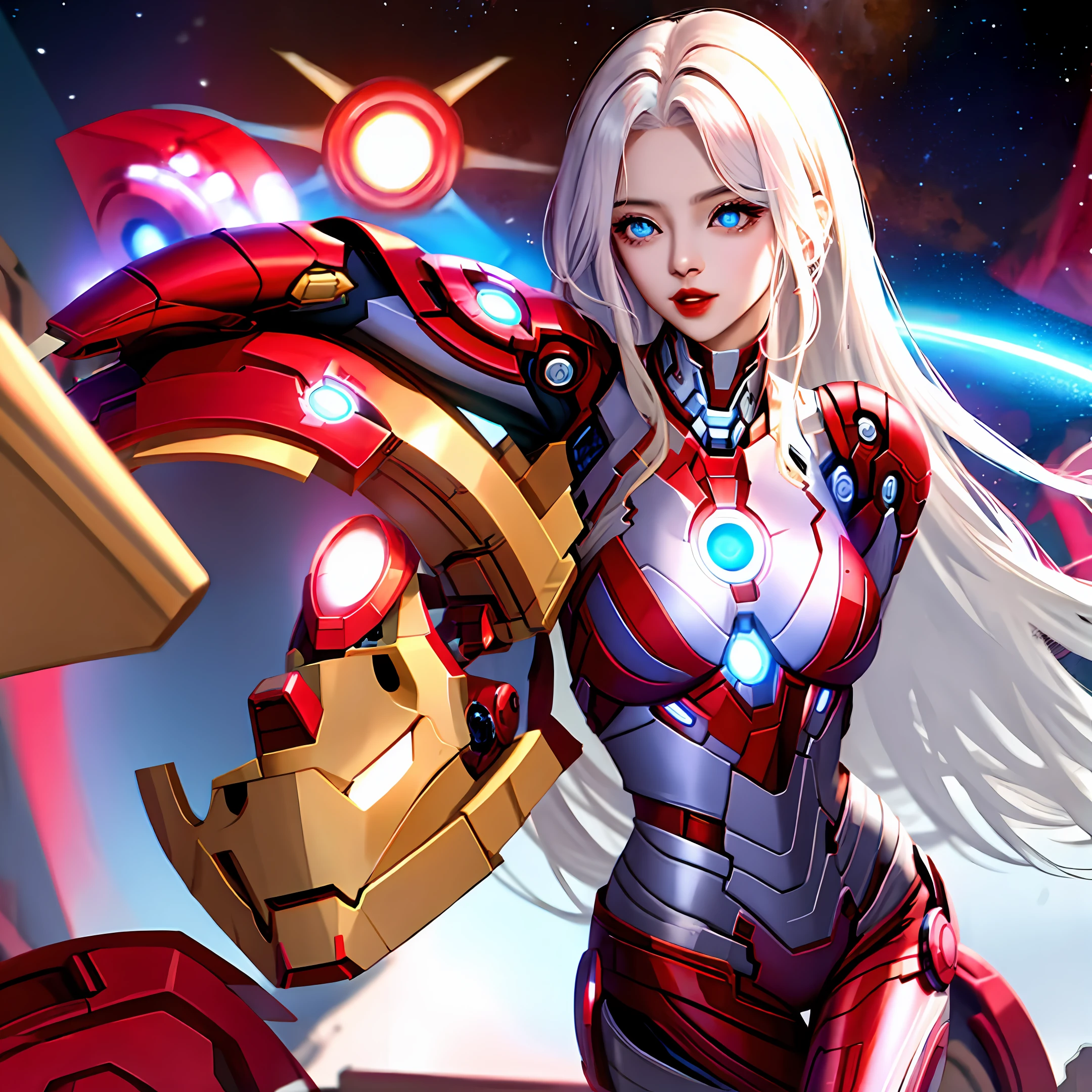 Iron Man,femele,Raised sexy,In the universe,long white hair,nigth,8K,full bodyesbian,Red suit,handcannon,blue color eyes,Red lips,Tony Stark,The Avengers,flight