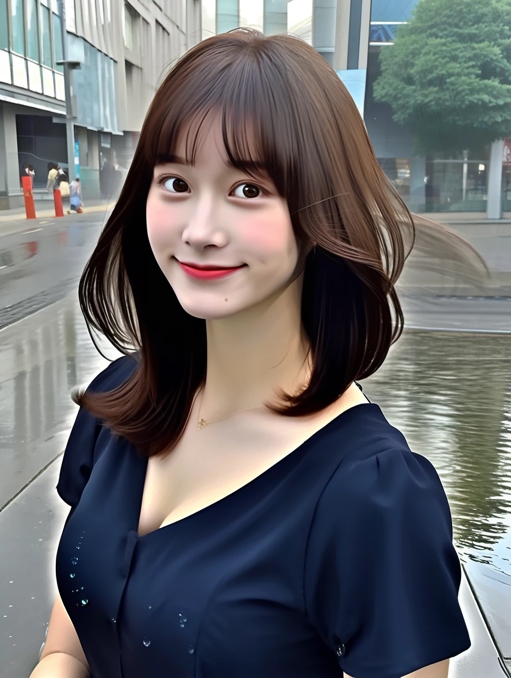 ((Best Quality, 8k, Masterpiece: 1.3)), Focus: 1.2, Perfect Body Beauty: 1.4, Buttocks: 1.2, ((Layered Haircut, Normal Breasts: 1.2)), (Rain, Street:1.3), Bandeau Dress: 1.1, Highly Detailed Face and Skin Texture, Fine Eyes, Double Eyelids, Whitened Skin, Long Hair, (Round Face: 1.5), Very Short Skirt, Bikini, Wet
