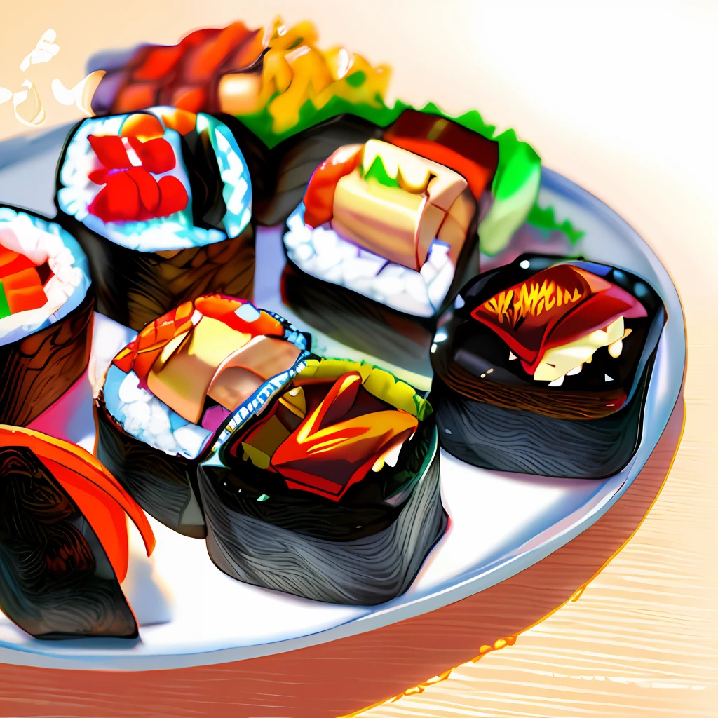 There are sushi rolls on the plate,There is a slice of apple, sushi, eating sushi, high quality food photography, California Volume, delicacy, japanese fusion cuisine, inspired by Maki Haku, Japanese, shutter inventory, author:Julia Pishtar, vibrant and stylized, hd food photography, Amazing food photography, professional food photography, closeup at the food, close up food photography --auto