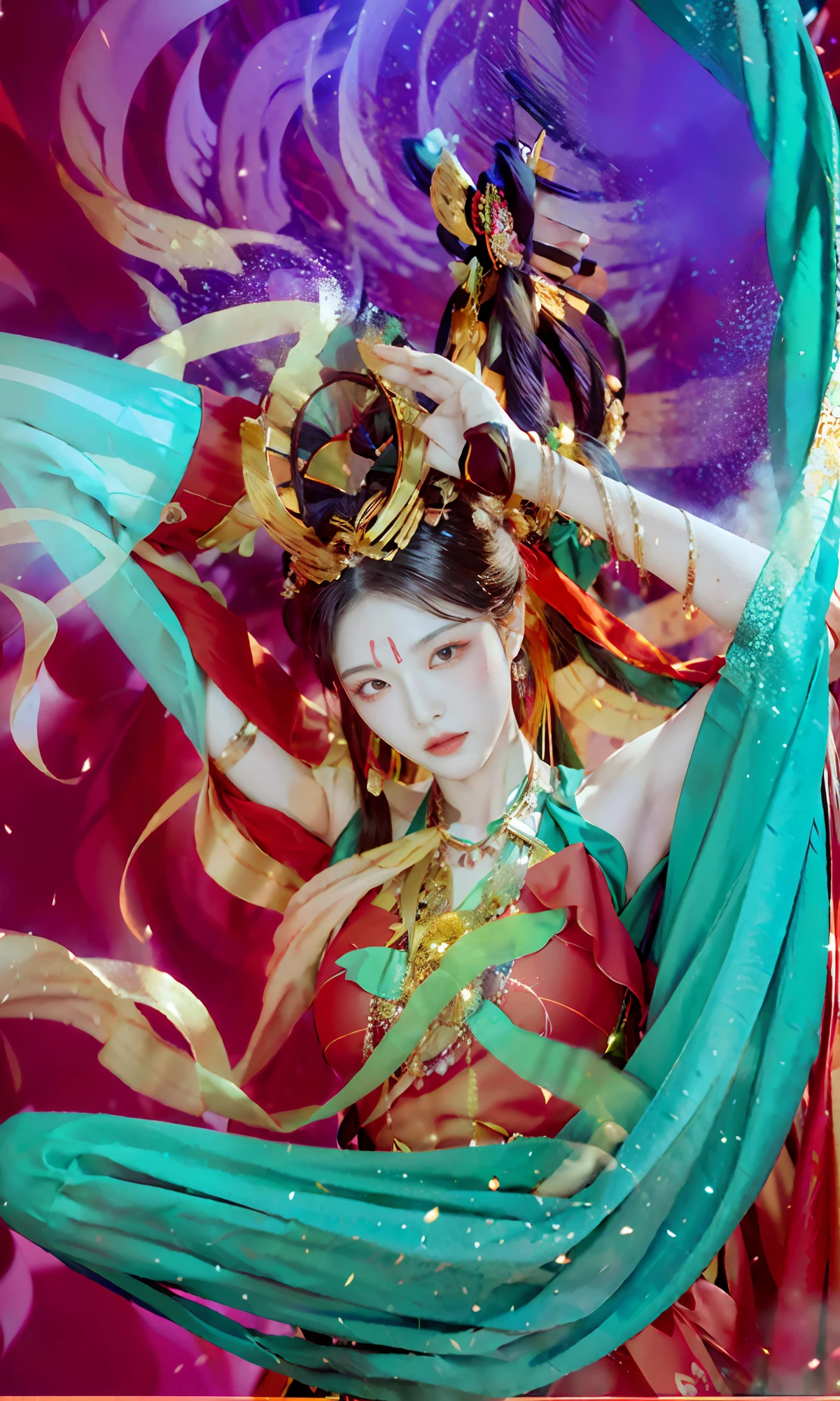 (8k, RAW Photo, Best Quality, Masterpiece: 1.2), (Realistic, Photo Real: 1.4), (Very Detailed CG Unity 8k Wallpaper), (1 Girl), dance, dunhuang_dress, dunhuang_style, dunhuang_background, One arm up, one hand forward, gold ornaments, ancient Chinese hairstyle, tulle, streamers, light makeup, eyeshadow, eyebrow mole, (face), dynamic pose, background smoke surrounding, red and green color scheme, flower petals flying, details, jewelry, earrings, bracelets, shoulders, complex textures, busts, guqin, pipa