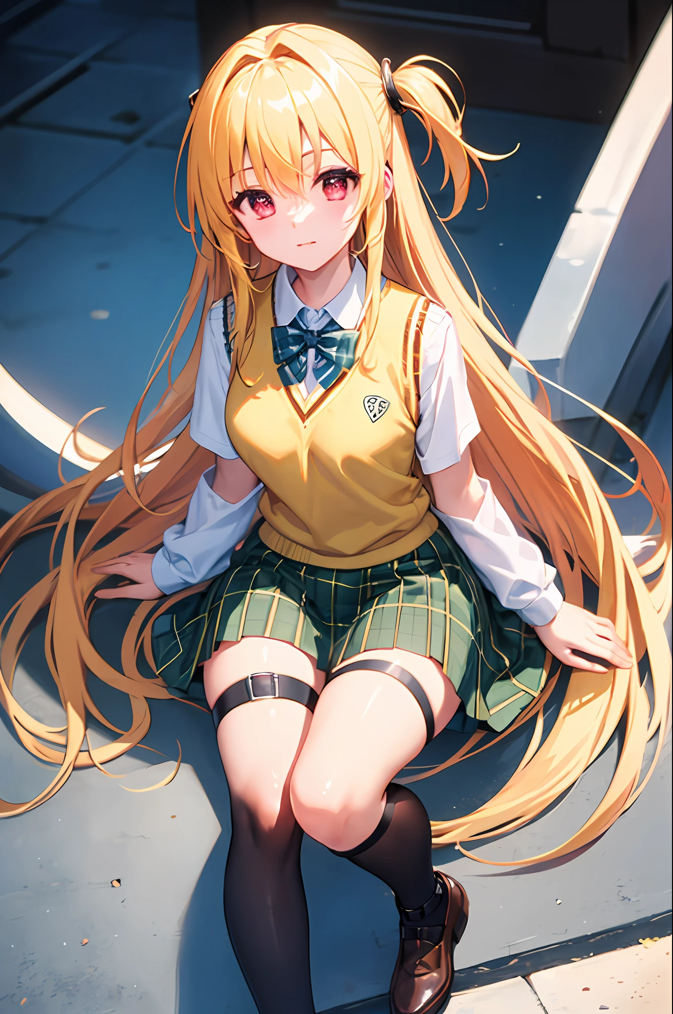 (masterpiece:1.6, best quality), (exquisite and beautiful eyes: 1.2), phyami, yamisch, 1girl, long whitr hair, solo, 校服, hair adornments, Hair between both eyes, Both sides up, blond hairbl, Very long hair,a skirt，red eyes，Be red in the face，Panting，Thigh straps，sweater vest，plaid skirts，tartan，sockes，two sides up，hair adornments，pleatedskirt，Knee-length pants，