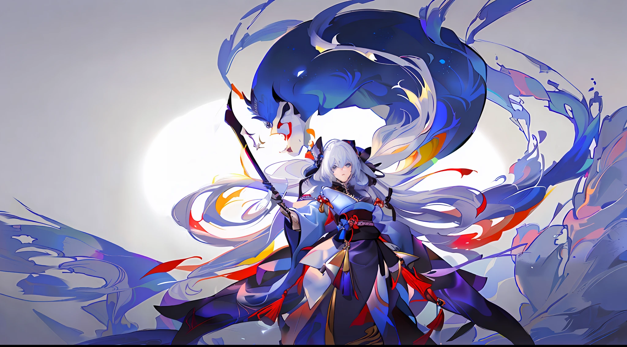Girl with long blue and white hair and blue eyes holding a sword,Around her are many huge yokai with blue and white hair, Onmyoji detailed art, onmyoji, White-haired god, Anime art wallpaper 8 K, From Arknights, Anime art wallpaper 4 K, Anime art wallpaper 4k, Best anime 4k konachan wallpaper, Ayaka Genshin impact, zerochan art,The finest details,Keep the character size the same